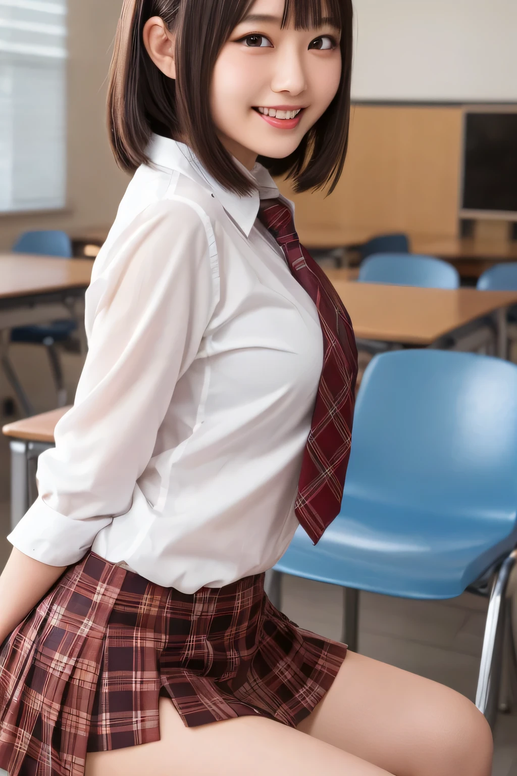 top quality, 8k, very delicate and beautiful, Highly detailed face and skin textures, glossy skin, High Resolution, Sexy Japanese girl wearing a white shirt and checked skirt with a big smile in the classroom, clear focus