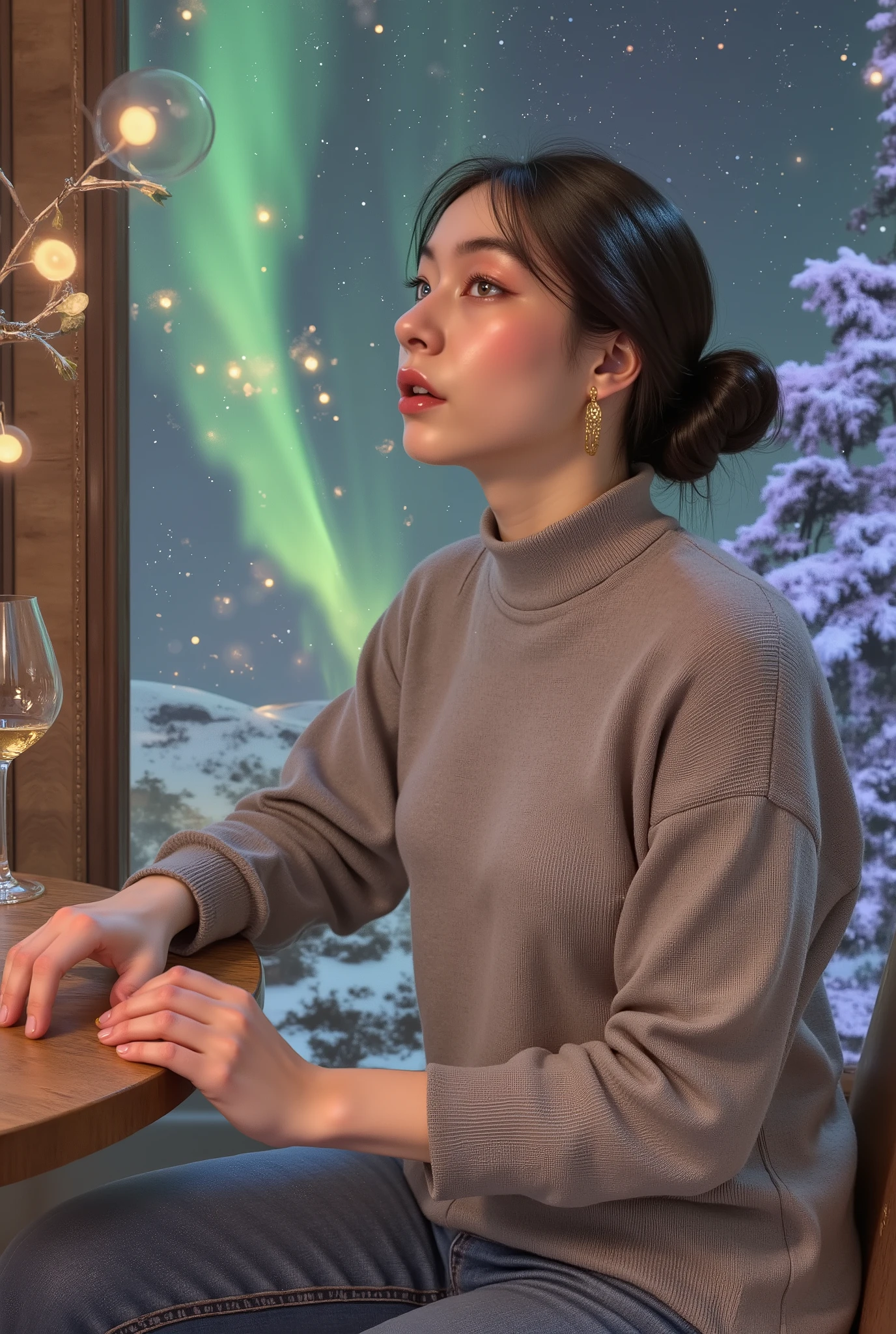 finely detailed image, detail, highres photorealistic illustration of an 18-year-old girl with authentic teenage appearance and genuine expression, photographed in observation car of luxury overnight train during spectacular winter night journey, wearing stylish yet comfortable travel outfit including fashionable oversized turtleneck sweater in soft gray, simple gold hoop earrings, and comfortable jeans, natural hair styled in casual messy bun with few face-framing strands catching golden light from art deco train lamps, expression showing absolute wonder as northern lights display unfolds beyond panoramic windows, positioned in premium viewing seat of glass-domed observation car designed for optimal landscape viewing, expansive windows revealing breathtaking winter night scene with brilliant aurora borealis dancing across sky in vibrant greens and purples, snow-covered wilderness stretching endlessly below with frozen lakes reflecting celestial light show, distant mountains creating dramatic silhouettes against illuminated night sky, observation car featuring luxury details including polished wood tables, comfortable swivel seats positioned for optimal viewing, subtle art deco design elements throughout space, other passengers visible in background also captivated by natural spectacle, small camera resting beside untouched glass of wine on table suggesting unsuccessful attempt to capture magnificent scene before becoming completely entranced by real-life view, composition capturing once-in-lifetime moment of witnessing northern lights from moving train through perfect balance of luxury interior elements with spectacular natural phenomenon outside, photorealistic style with dramatic lighting enhancing emotional impact, image conveying magical winter train experience combining luxury travel with extraordinary natural wonders, environmental details revealing premium travel experience through high-end train design elements and exclusive viewing opportunity