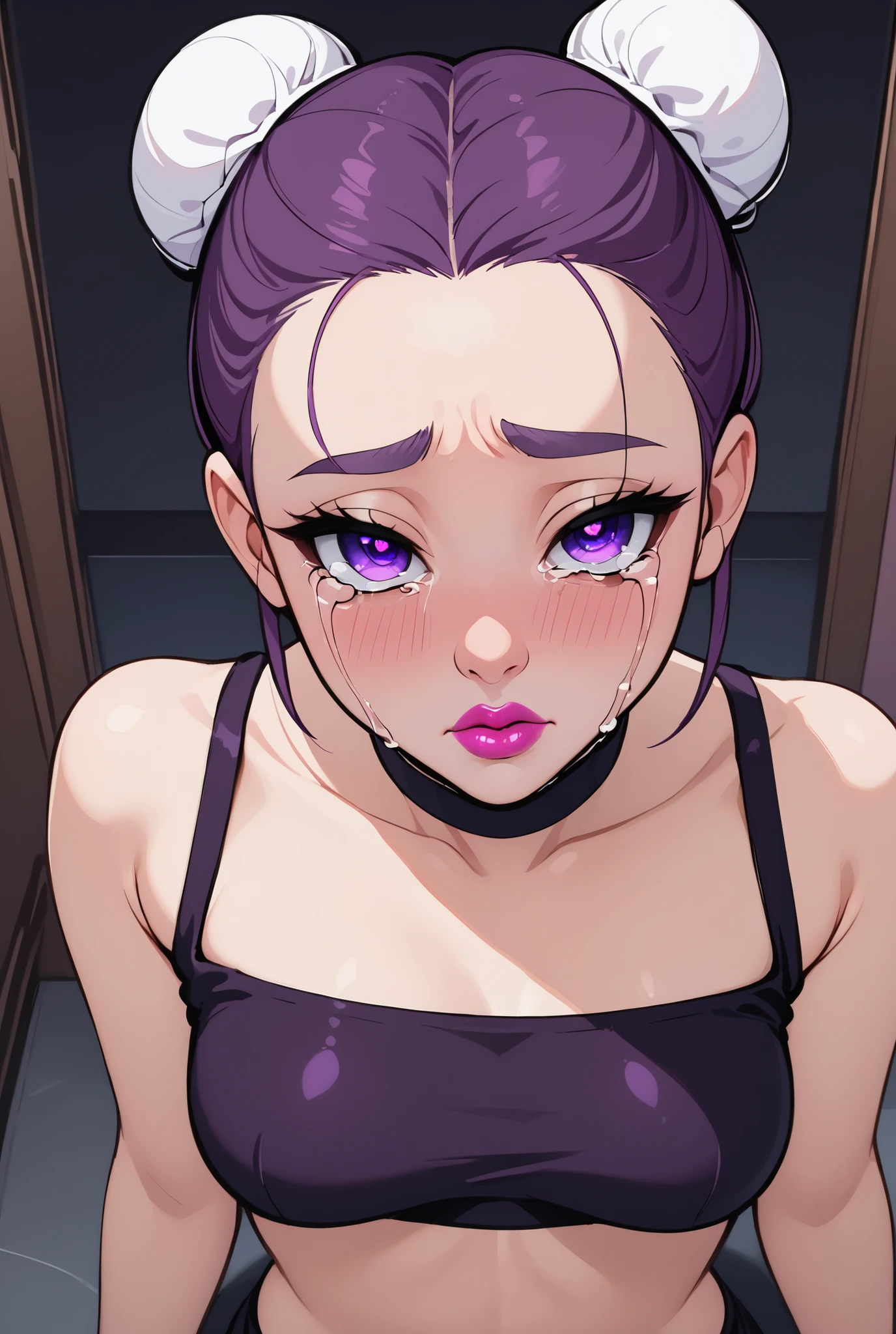 (1girl), (perfect face), ((white bun knot top hair)), (forehead), ((white natural eyebrows)), (((purple eyes, crying eyes))), (((black eyeliners))), (pink blush), ((nose, thick lipstick)), (beautiful girl), (crop top), ((sad face)), (looking at viewer, pov)