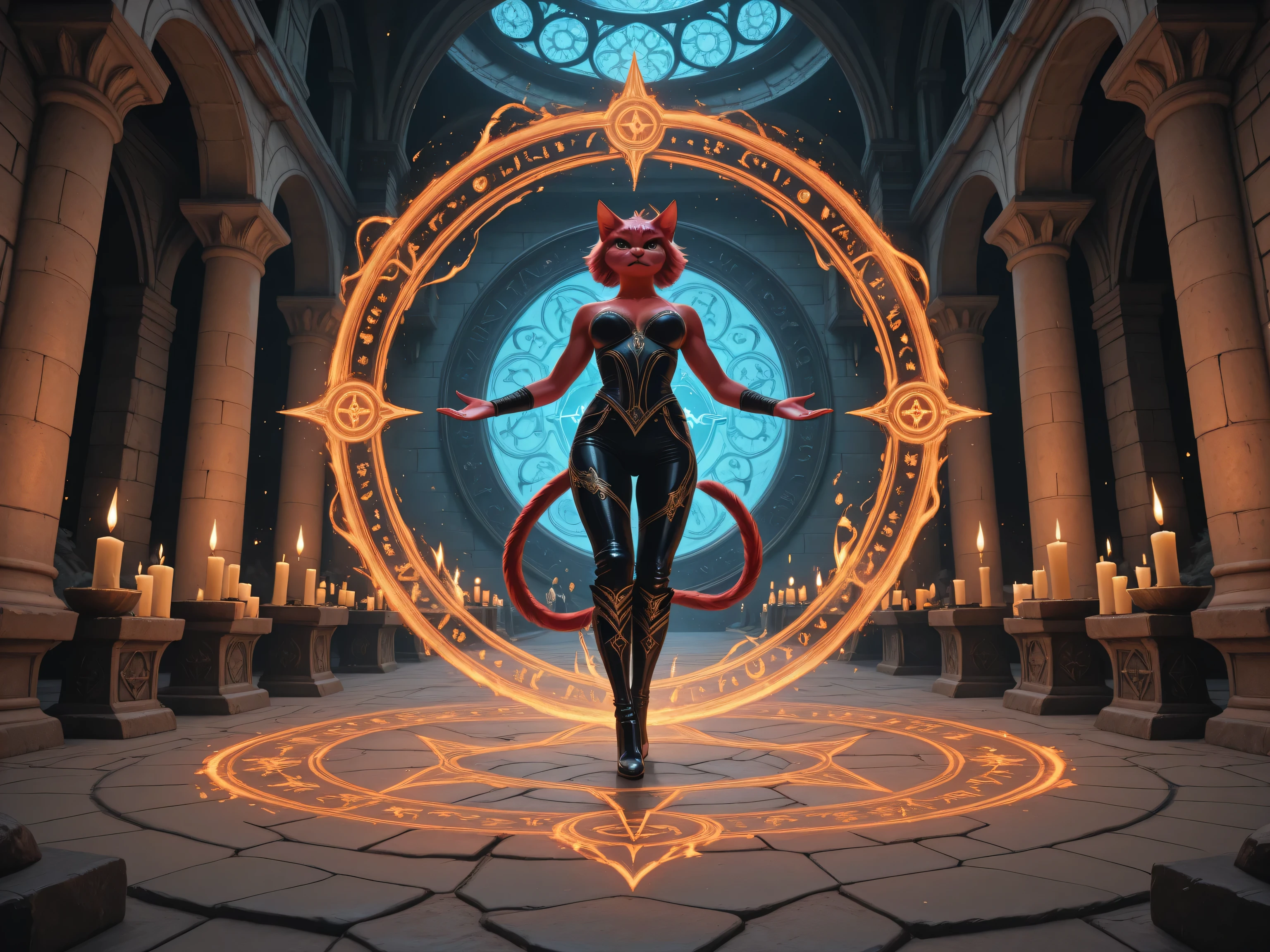 aidmaMJ6.1,masterpiece, best quality, very aesthetic, absurdres,x3rno1a,,a picture of a female anthro cat shedevil,  being summoned in a magical circle, metallic shine, dynamic clothes, dynamic clothing, wearing high heels boots, an ultra wide shot, full body, feline feature, red skin, black horns, rich hair, braided hair, action shot, colorful magical sigils on the ground, magical summoning circle colorful arcane markings floating, candles lit in a circle, fantasy magic temple background,  sense of danger, black magic, sense of evil rising,  high details, best quality, 16k, [ultra detailed], masterpiece, best quality, (extremely detailed), dynamic angle, ultra wide shot, photorealistic, RAW, fantasy art, dnd art,fantasy art, realistic art, Celestial Fantasy, zavy-ctcmcs,