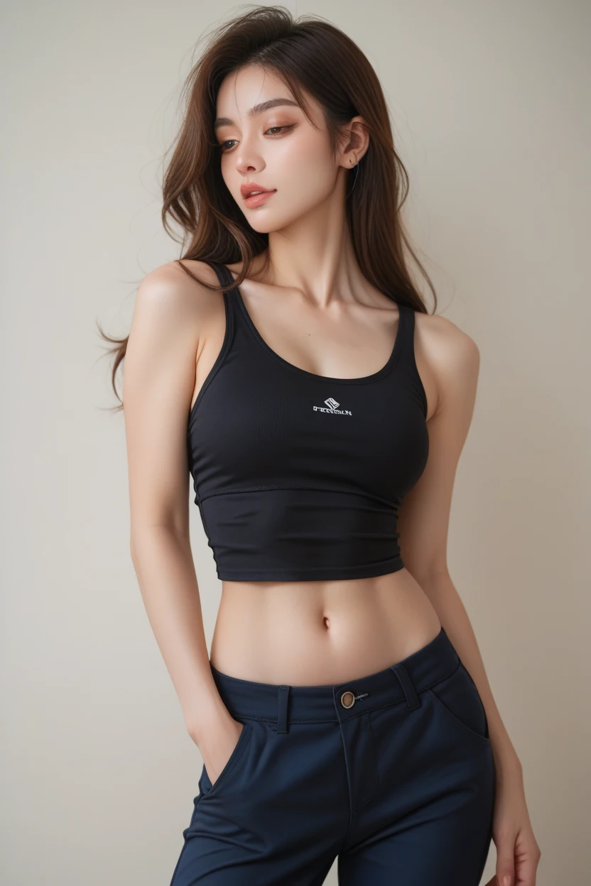 Cute dark skinned Chinese girl wearing glasses, detailed skin tight jeans, tight crop top, mid size , 