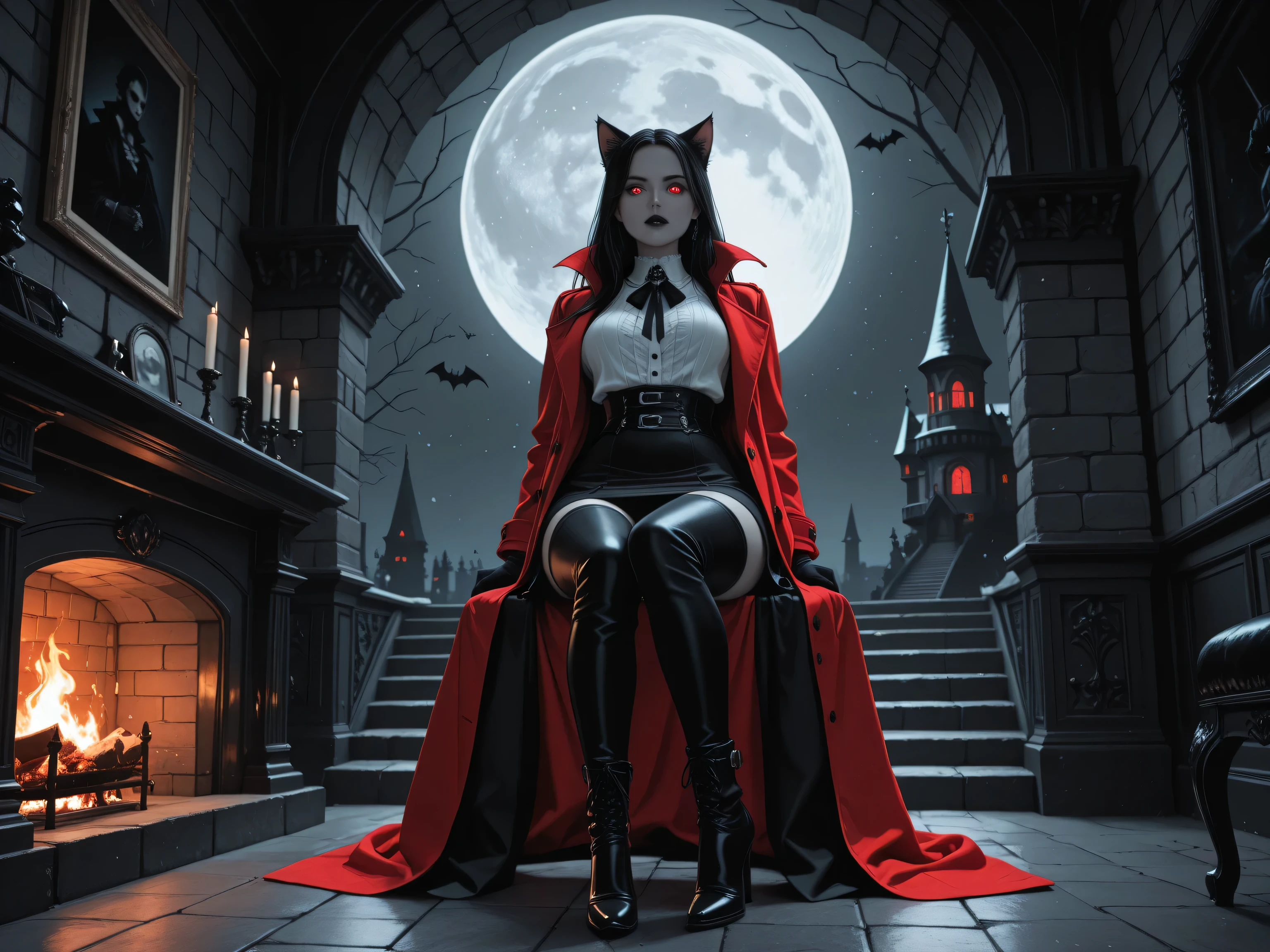 aidmaMJ6.1,masterpiece, best quality, very aesthetic, absurdres,x3rno1a,  black and white 19th century photograph style, of anthro cat female vampire in the night sitting near the fireplace in snowy night , a goth beauty, exquisite beautiful female vampire, best detailed face, red glowing eyes, full body, busty, wearing white bottom shirt, short skirt,  wearing high heeled boots, wearing  red trench coat, flowing trench coat, it is night time, moon light. moon rays, room of goth castle, background, vibrant, Ultra-high resolution, High Contrast, (masterpiece:1.5), highest quality, Best aesthetics), best details, best quality, highres, ultra wide angle, 16k, [ultra detailed], masterpiece, best quality