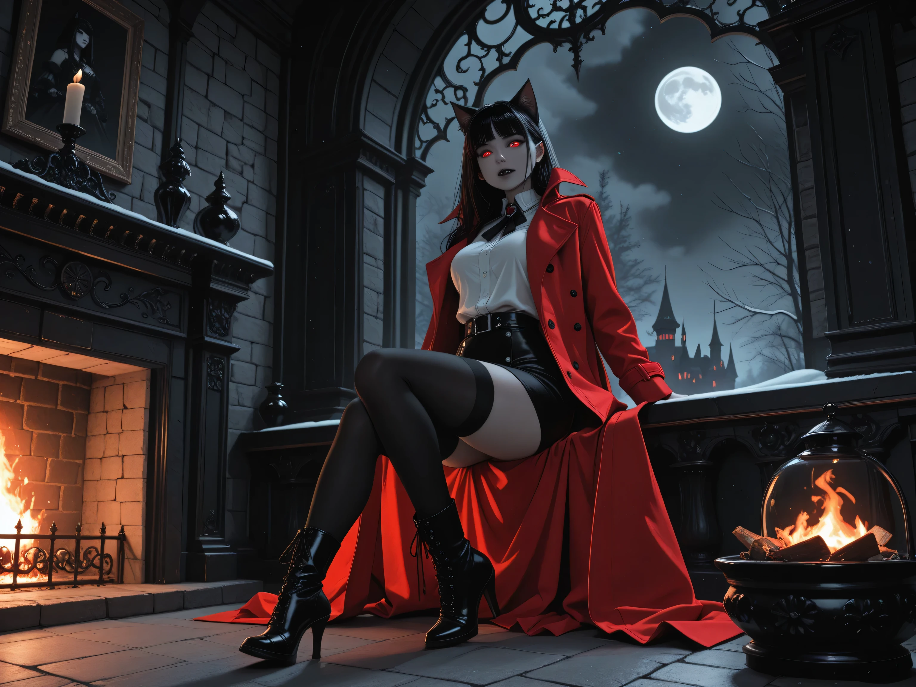 aidmaMJ6.1,masterpiece, best quality, very aesthetic, absurdres,x3rno1a,  black and white 19th century photograph style, of anthro cat female vampire in the night sitting near the fireplace in snowy night , a goth beauty, exquisite beautiful female vampire, best detailed face, red glowing eyes, full body, busty, wearing white bottom shirt, short skirt,  wearing high heeled boots, wearing  red trench coat, flowing trench coat, it is night time, moon light. moon rays, room of goth castle, background, vibrant, Ultra-high resolution, High Contrast, (masterpiece:1.5), highest quality, Best aesthetics), best details, best quality, highres, ultra wide angle, 16k, [ultra detailed], masterpiece, best quality