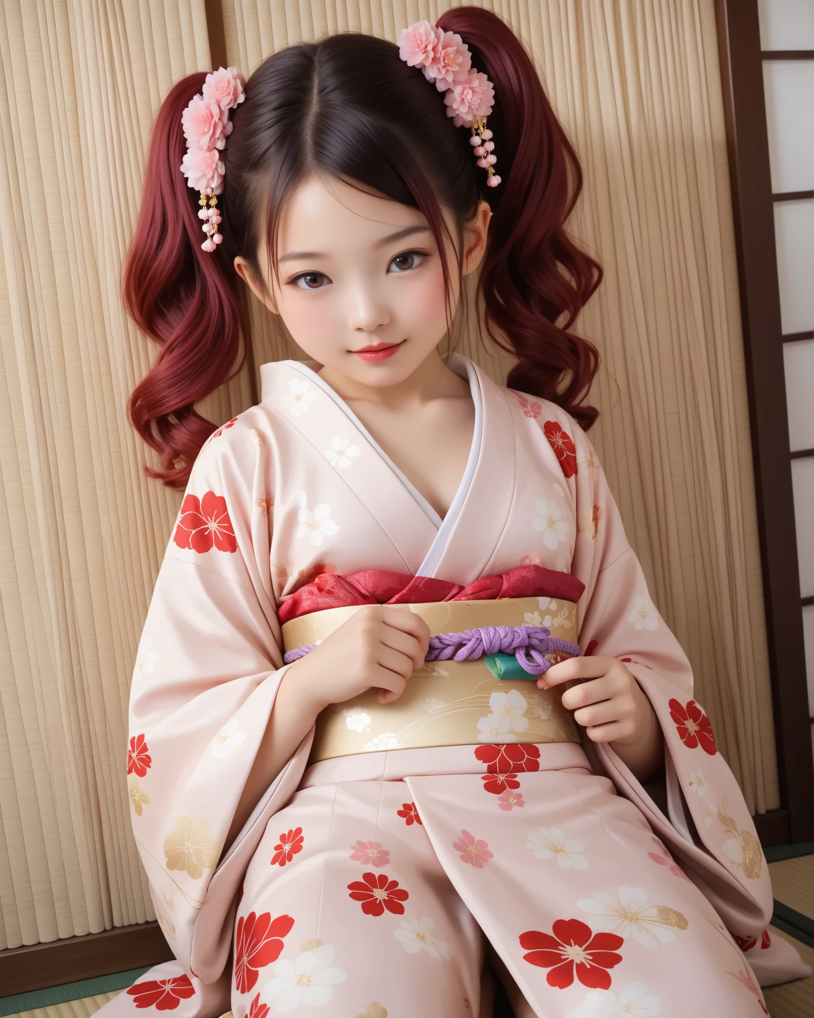 shutter speed 2000, as real as in the picture, Art写真スタイル, 最High Quality, High Quality, super real, (pure) (realistic) high resolution, Soft Light, live-action、Realistic ((long reddish-purple red crimson long hair)), twin tail hair、baby like face, big eyes looking away, short limbs, gold, silver and floral hair ornament, (full body) ((Japanese kimono)) (((5 Layers))) (((Oiran-style))) ((Oiran kimono)) nsfw, navel, large breast, lie down, dewy skin very wet, (naked shoulders) no underwear, black and orange and pink and dark red kimono (kimono adorned with black, gold and silver high detailed floral patterns) Japanese-style room, Large Tatami Room, saloon, 8, Decorated with cherry blossom paintings , Fusuma-sliding screen, Japanese square Andon, barefoot, wabi-sabi, Japanese atmosphere, 落ち着いたvibe, Realistic, Photography, BREAK, (最High Quality, 8k,32K,masterpiece, Ultra High Definition:1.2),Highly Detailed CG Unity 8k Wallpaper,complicated details,Original photo,(Realistic:1.4),vibe,Ultra High Definition,realityistic,reality,huge_file size,very high resolution,( centered :1.3),Super Illustration,(super detailed),cinematic lighting,Mr.々Color,depth of field,Art:Krenz Kuschaert,golden hour lighting, An accurate depiction of ,シグマArtレンズ 35mm F1.4,ISO 200 , Deep Contrast, 4K,8k, masterpiece,score_9、score_8_up、score_7_up、score_6_up、score_5_up、score_4_up