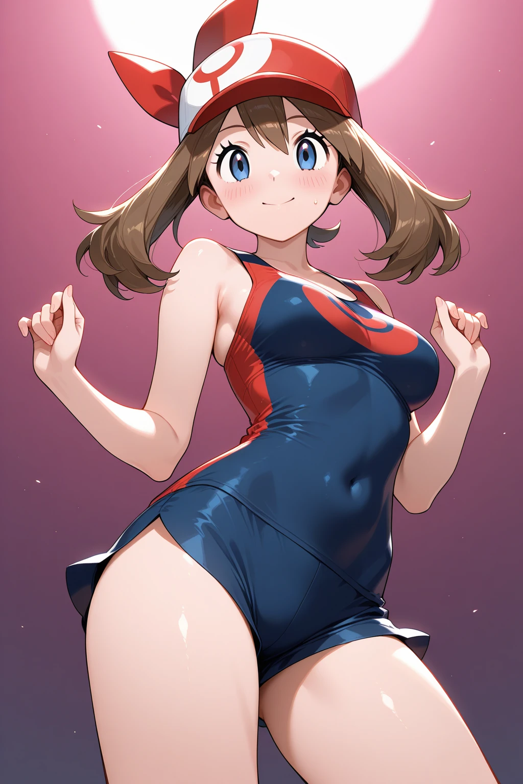 watanabe you, masterpiece, best quality, highres, 1girl, solo, superhero, leotard, ???? legs, boots, matching boots, sleeveless, gloves, matching gloves, looking at viewer, city backdrop, blue and white leotard, standing, hands on hip, full body shot, smile, glowing body