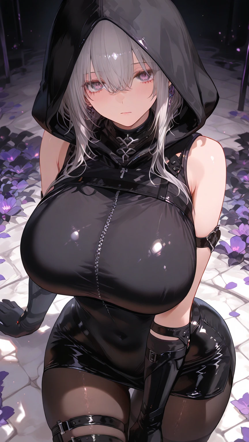 woman wearing full bodystocking, necromancer, raven, MILF, (very large ), milf, (mature female), gloves, earrings, navel focus, capes, Elegant body, curvaceous but thin, the woman have beautiful detailed eyes, detailed textures, otherworldly ruins, fantasy, RPG, Dark atmosphere, extreme shading, masterpiece, best quality, milf, mature female, milfication