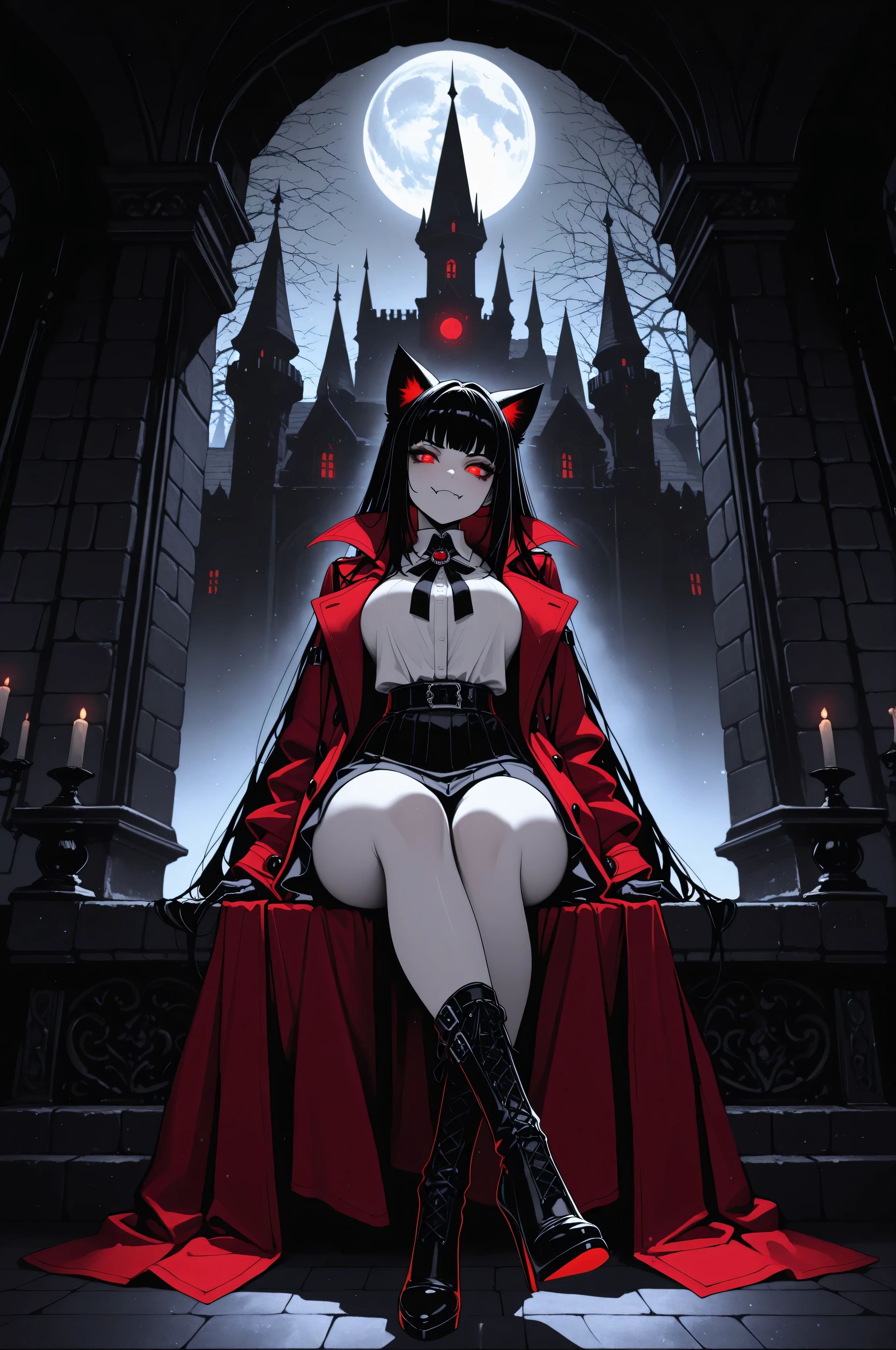 aidmaMJ6.1,masterpiece, best quality, very aesthetic, absurdres,x3rno1a,  black and white 19th century photograph style, of anthro cat female vampire in the night sitting near the fireplace in snowy night , a goth beauty, exquisite beautiful female vampire, best detailed face, red glowing eyes, full body, busty, wearing white bottom shirt, short skirt,  wearing high heeled boots, wearing  red trench coat, flowing trench coat, it is night time, moon light. moon rays, room of goth castle, background, vibrant, Ultra-high resolution, High Contrast, (masterpiece:1.5), highest quality, Best aesthetics), best details, best quality, highres, ultra wide angle, 16k, [ultra detailed], masterpiece, best quality