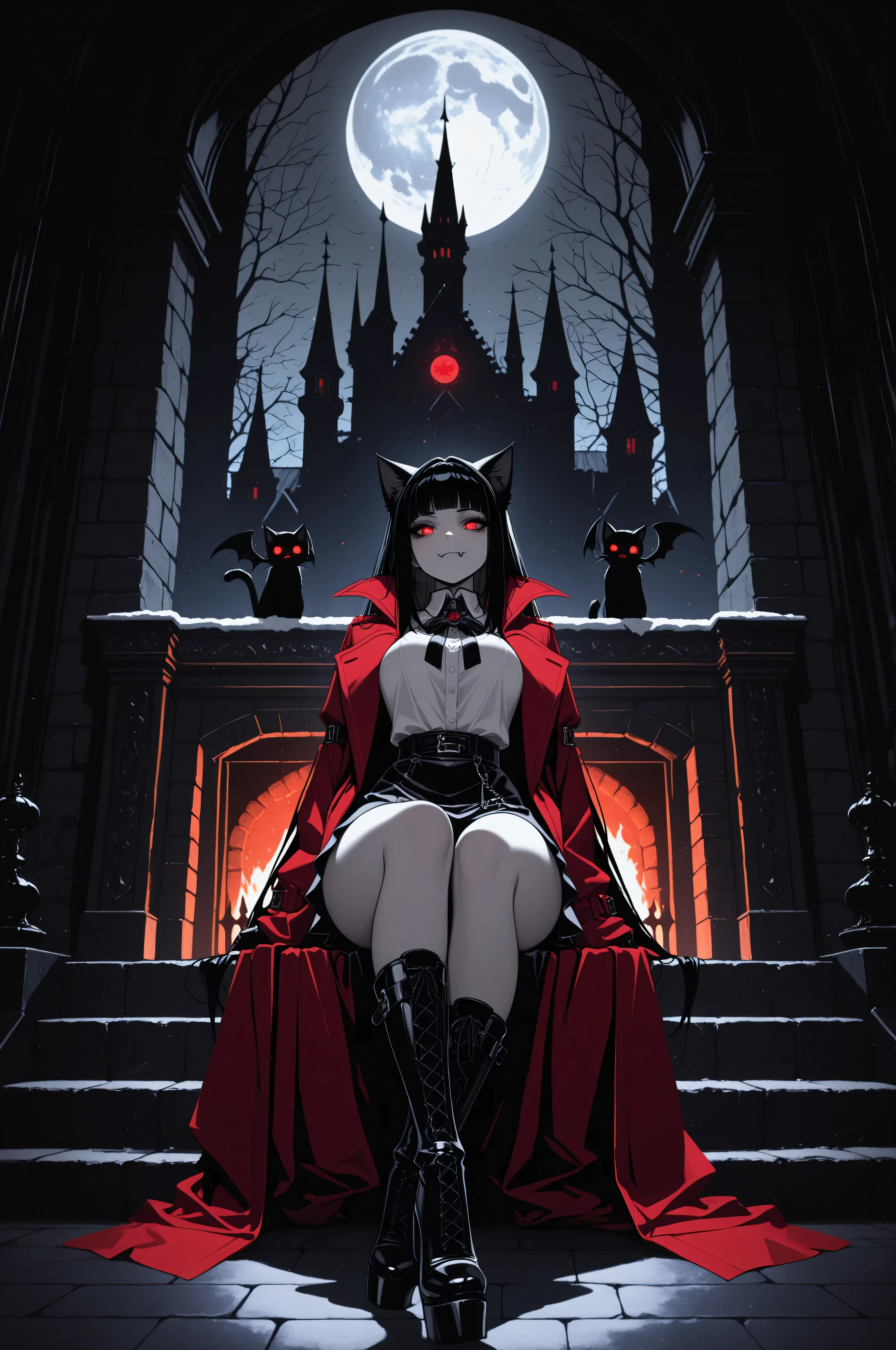 aidmaMJ6.1,masterpiece, best quality, very aesthetic, absurdres,x3rno1a,  black and white 19th century photograph style, of anthro cat female vampire in the night sitting near the fireplace in snowy night , a goth beauty, exquisite beautiful female vampire, best detailed face, red glowing eyes, full body, busty, wearing white bottom shirt, short skirt,  wearing high heeled boots, wearing  red trench coat, flowing trench coat, it is night time, moon light. moon rays, room of goth castle, background, vibrant, Ultra-high resolution, High Contrast, (masterpiece:1.5), highest quality, Best aesthetics), best details, best quality, highres, ultra wide angle, 16k, [ultra detailed], masterpiece, best quality