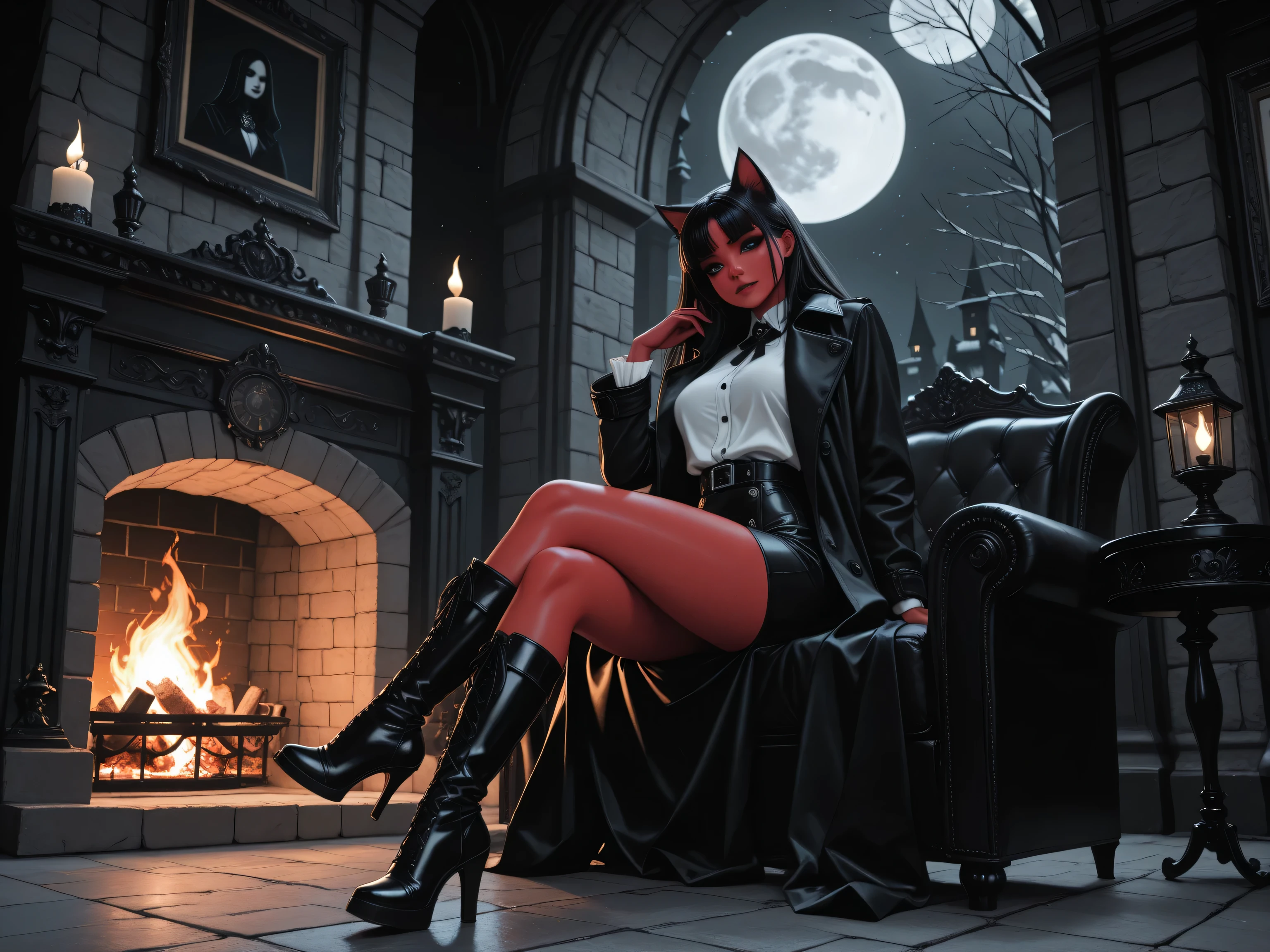 aidmaMJ6.1,masterpiece, best quality, very aesthetic, absurdres,x3rno1a,  black and white 19th century photograph style, of anthro cat female devil in the night sitting near the fireplace in snowy night , a goth beauty, exquisite beautiful female anthro cat female devil, best detailed face, red skin,nred glowing eyes, full body, busty, wearing white bottom shirt, short skirt,  wearing high heeled boots, wearing  red trench coat, flowing trench coat, it is night time, moon light. moon rays, room of goth castle, background, vibrant, Ultra-high resolution, High Contrast, (masterpiece:1.5), highest quality, Best aesthetics), best details, best quality, highres, ultra wide angle, 16k, [ultra detailed], masterpiece, best quality