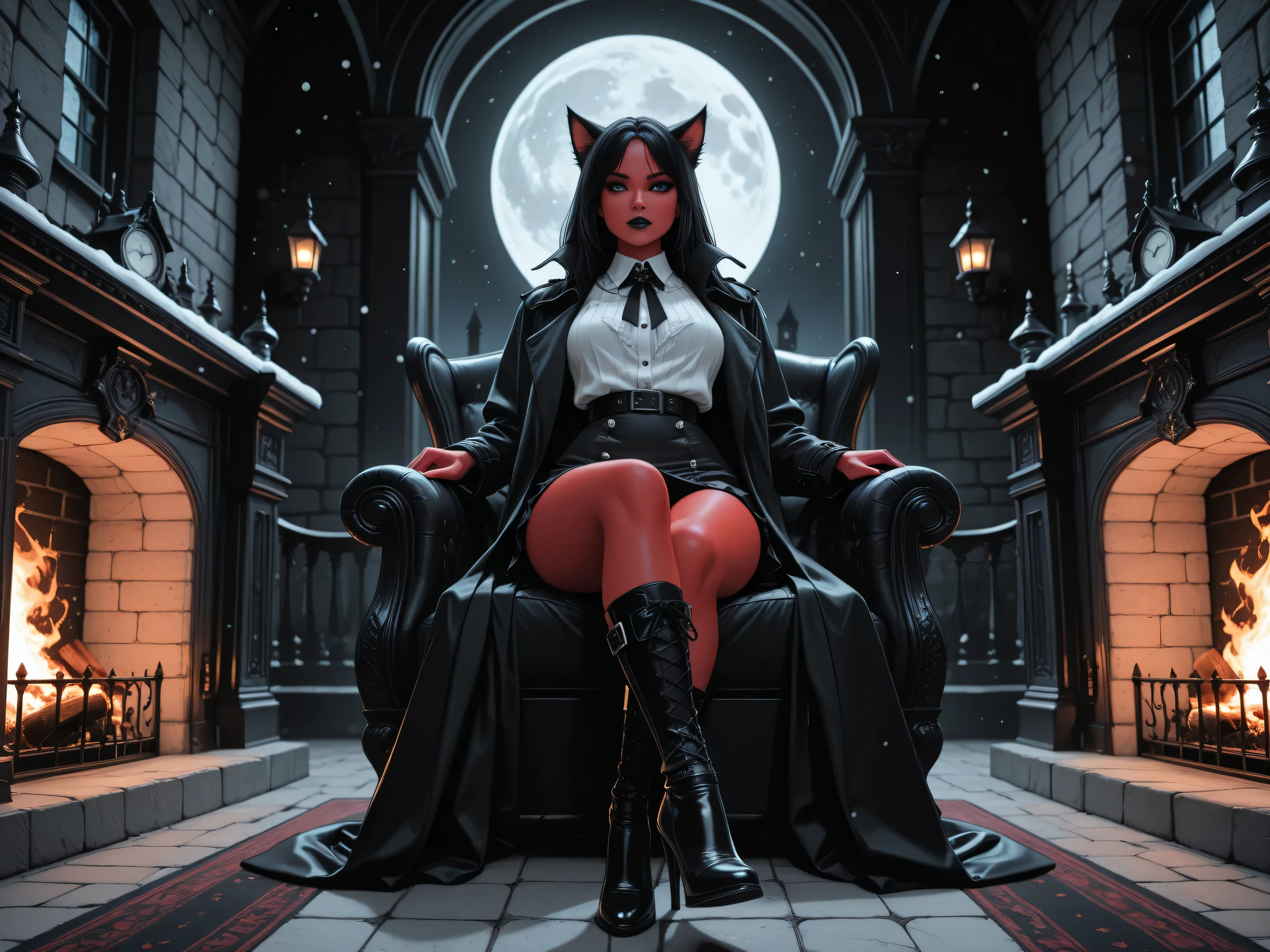 aidmaMJ6.1,masterpiece, best quality, very aesthetic, absurdres,x3rno1a,  black and white 19th century photograph style, of anthro cat female devil in the night sitting near the fireplace in snowy night , a goth beauty, exquisite beautiful female anthro cat female devil, best detailed face, red skin,nred glowing eyes, full body, busty, wearing white bottom shirt, short skirt,  wearing high heeled boots, wearing  red trench coat, flowing trench coat, it is night time, moon light. moon rays, room of goth castle, background, vibrant, Ultra-high resolution, High Contrast, (masterpiece:1.5), highest quality, Best aesthetics), best details, best quality, highres, ultra wide angle, 16k, [ultra detailed], masterpiece, best quality