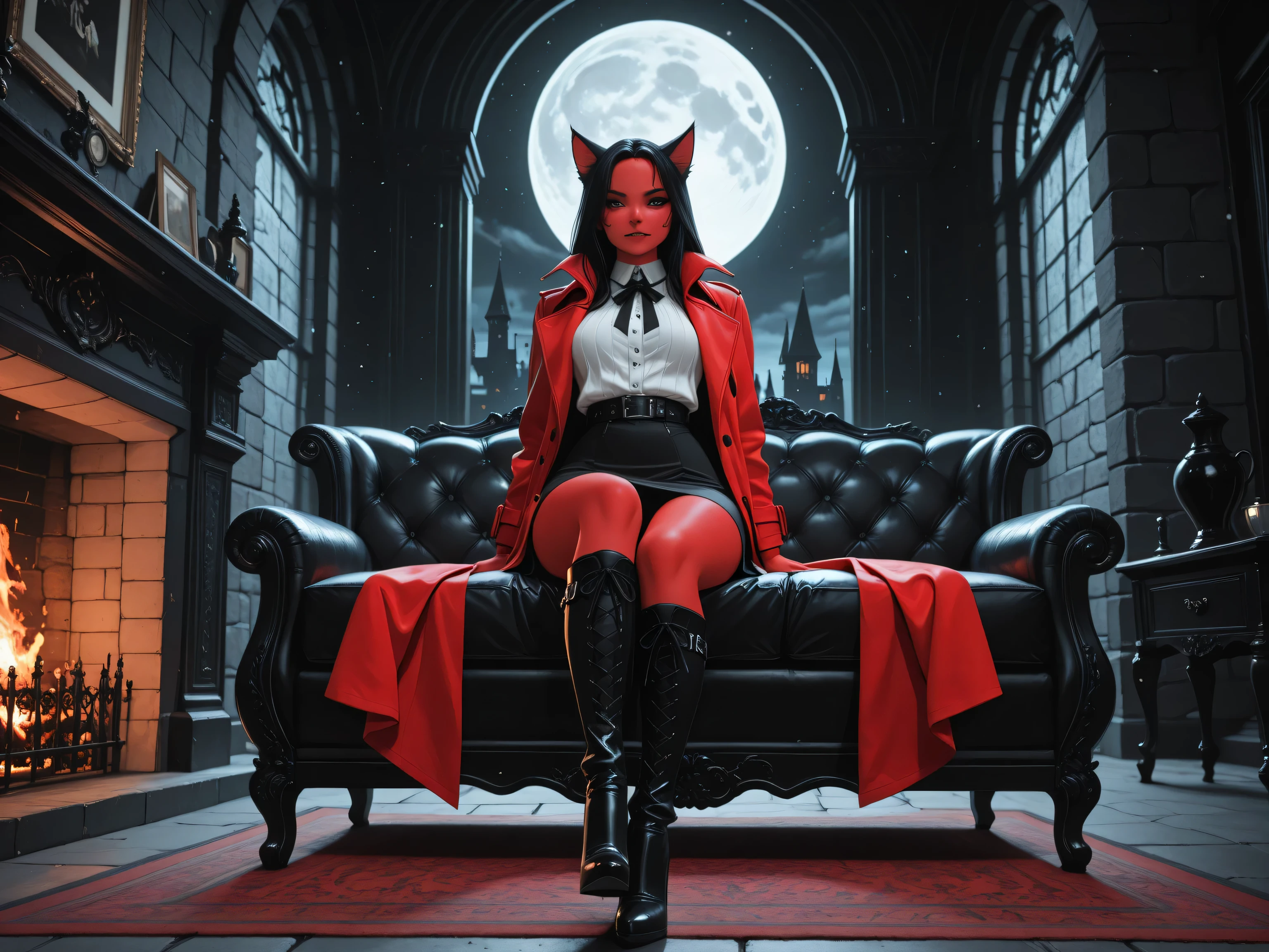 aidmaMJ6.1,masterpiece, best quality, very aesthetic, absurdres,x3rno1a,  black and white 19th century photograph style, of anthro cat female devil in the night sitting near the fireplace in snowy night , a goth beauty, exquisite beautiful female anthro cat female devil, best detailed face, red skin,nred glowing eyes, full body, busty, wearing white bottom shirt, short skirt,  wearing high heeled boots, wearing  red trench coat, flowing trench coat, it is night time, moon light. moon rays, room of goth castle, background, vibrant, Ultra-high resolution, High Contrast, (masterpiece:1.5), highest quality, Best aesthetics), best details, best quality, highres, ultra wide angle, 16k, [ultra detailed], masterpiece, best quality