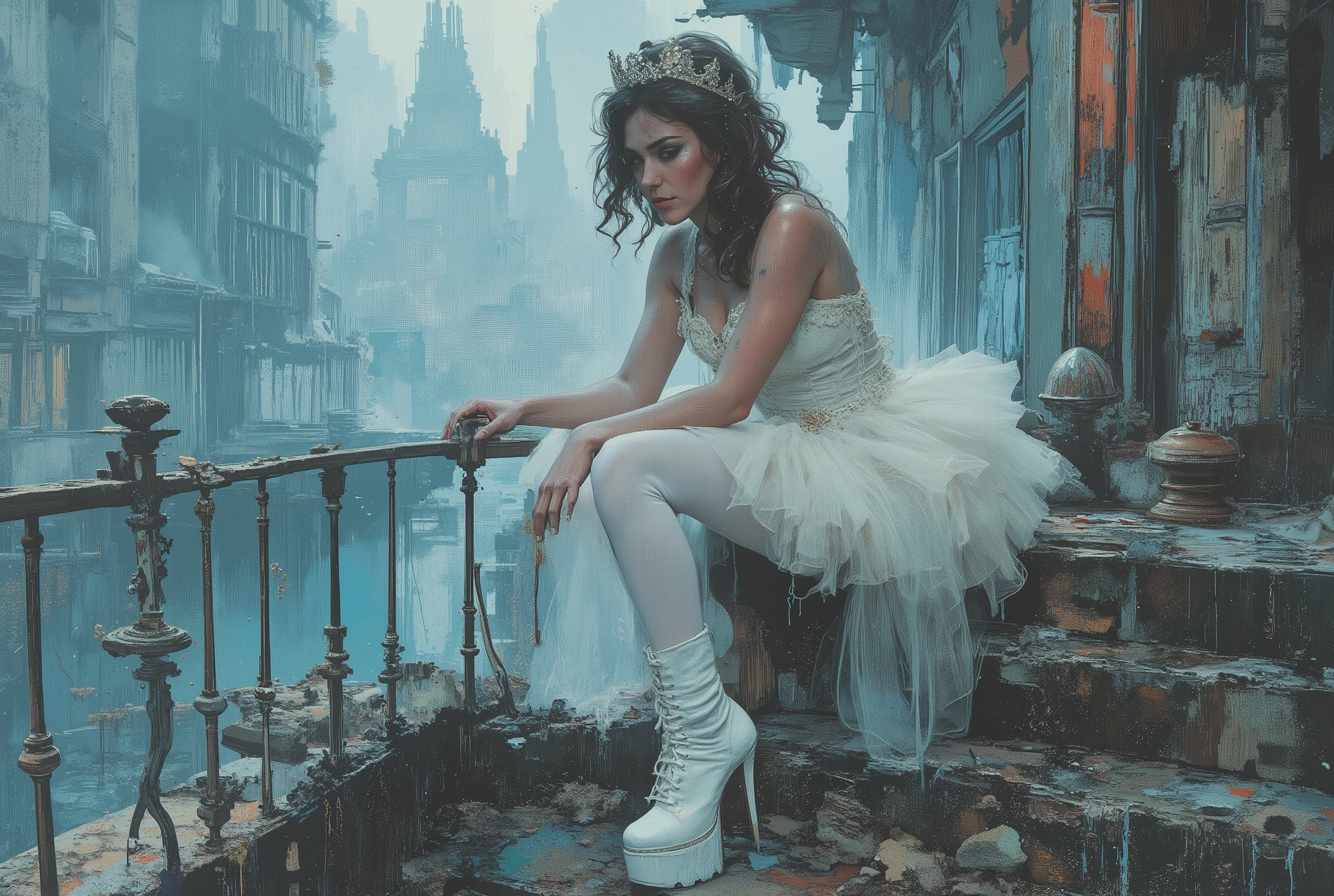 The end of World. The digital illustration shows a beautyfull woman. She's wearing a white tutu white pantyhose and white platform boots. She sits on dastroyed balcony with legs down. She has stage makeup and a hairstyle with a small shining crown in her hair. It is wide angle shot from top. The background is a mix of abstract and urban elements, with a cool color palette dominated by shades of blue and gray. The overall style of the game is very detailed and dynamic, with an emphasis on strong and confident character behavior. Surreal digital graphics.