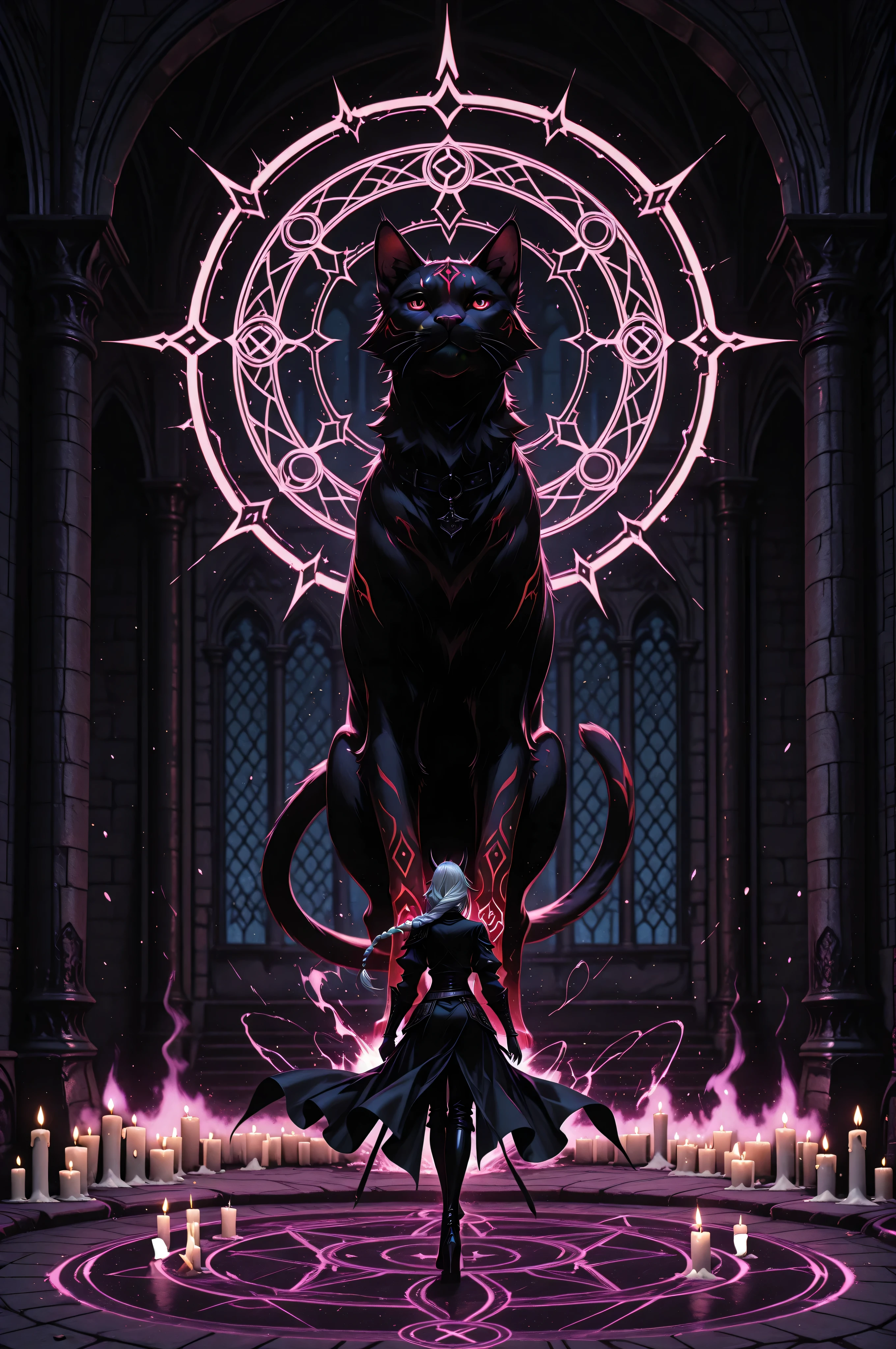 aidmaMJ6.1,masterpiece, best quality, very aesthetic, absurdres,x3rno1a,,a picture of a female anthro cat shedevil,  being summoned in a magical circle, metallic shine, dynamic clothes, dynamic clothing, wearing high heels boots, an ultra wide shot, full body,(feline feature: 1.3), red skin, black horns, rich hair, braided hair, action shot, colorful magical sigils on the ground, magical summoning circle colorful arcane markings floating, candles lit in a circle, fantasy magic temple background,  sense of danger, black magic, sense of evil rising,  high details, best quality, 16k, [ultra detailed], masterpiece, best quality, (extremely detailed), dynamic angle, ultra wide shot, photorealistic, RAW, fantasy art, dnd art,fantasy art, realistic art, Celestial Fantasy, zavy-ctcmcs,