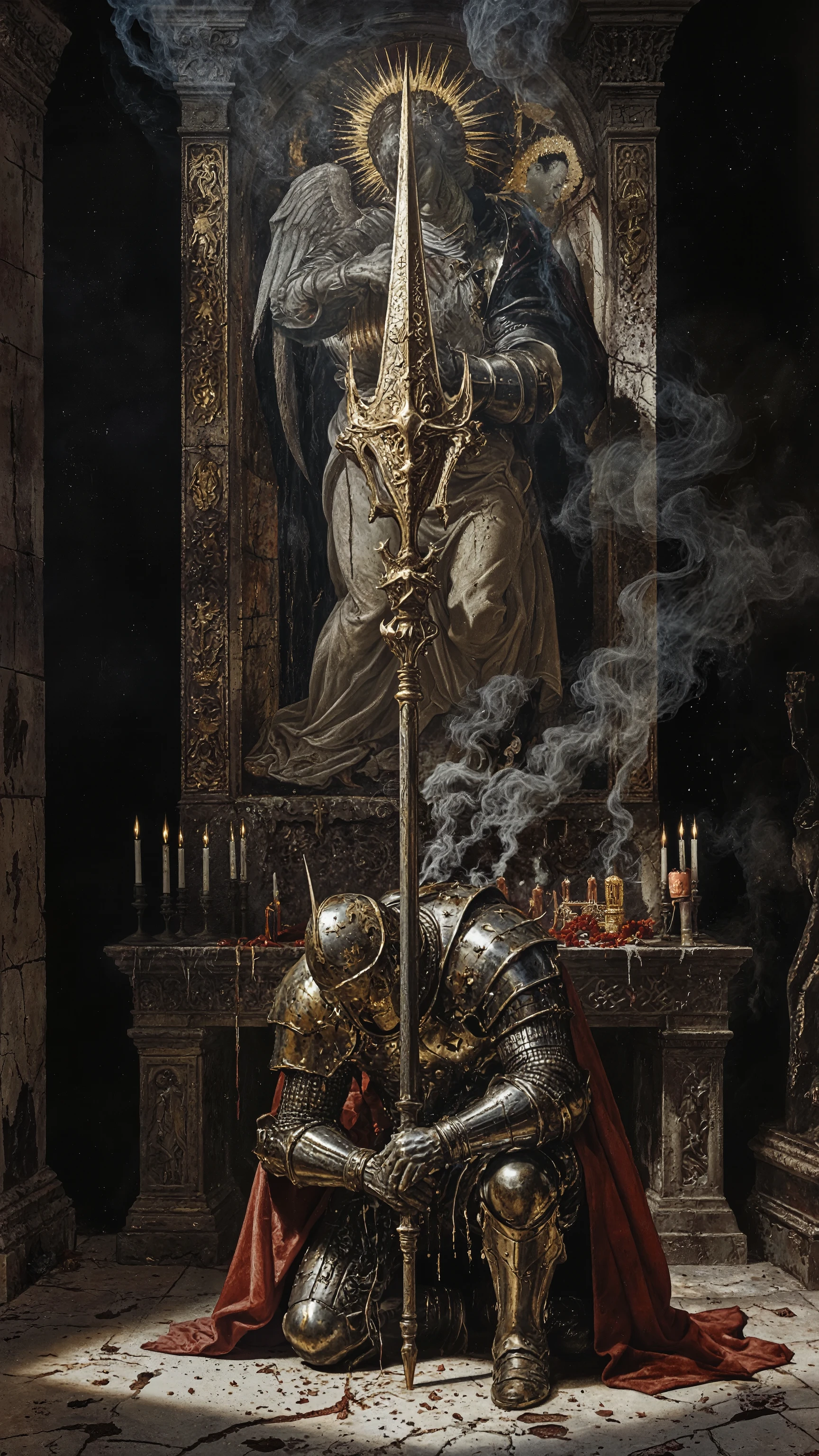 Inside a decrepit cathedral crypt,A knight clad in armor of peculiar design, a knight in massive, ornate armor kneels before a ritual altar dripping with black candles and red sacred oil.
Seen from a dramatic low side-angle, the scene feels cinematic and monumental, filled with drifting incense smoke and fractured shafts of baroque light.
A colossal sacred Great Spear is driven deep into the stone floor in front of the knight.A crimson cloak is wrapped around the great spear.
The blade rises divine engraved with glowing seraphic wings, sunburst halos, and ancient holy sigils that emit faint golden radiance.
The knight leans forward and embraces the greatspear reverently, resting his forehead and armored hands against the hilt as if in desperate prayer.
His posture conveys devotion, burden, and absolute surrender.
His elongated spire-like helmet—wrapped with thorned crowns and sculpted into the serene, glimmers with soft gold highlights.
catching the flickering light as smoke coils around it like drifting incense.
Harsh baroque chiaroscuro creates violent contrasts: deep black shadows swallowing the crypt, sharp beams illuminating dust and holy particles in the air.
The armor’s engravings, scratches, and sacred motifs shine dramatically, emphasizing its weight and baroque craftsmanship.
Behind him, towering from the low angle, a massive distorted Annunciation mural stretches across the cracked stone wall—warped angels, a fractured halo descending toward a twisted Madonna, divine symbols mutating between sacred and profane.
Baroque textures—cracked gold leaf, decayed pigment, fresco rot—loom over the knight like a judgment.
Atmosphere: heavy, oppressive, sacred vs profane, gothic religious horror, painterly realism, cinematic composition, ultra-detailed, FLUX-optimized. botticelli style, painting. ,ArsMJStyle, Etherial Gothic,RyOtt style,nisa