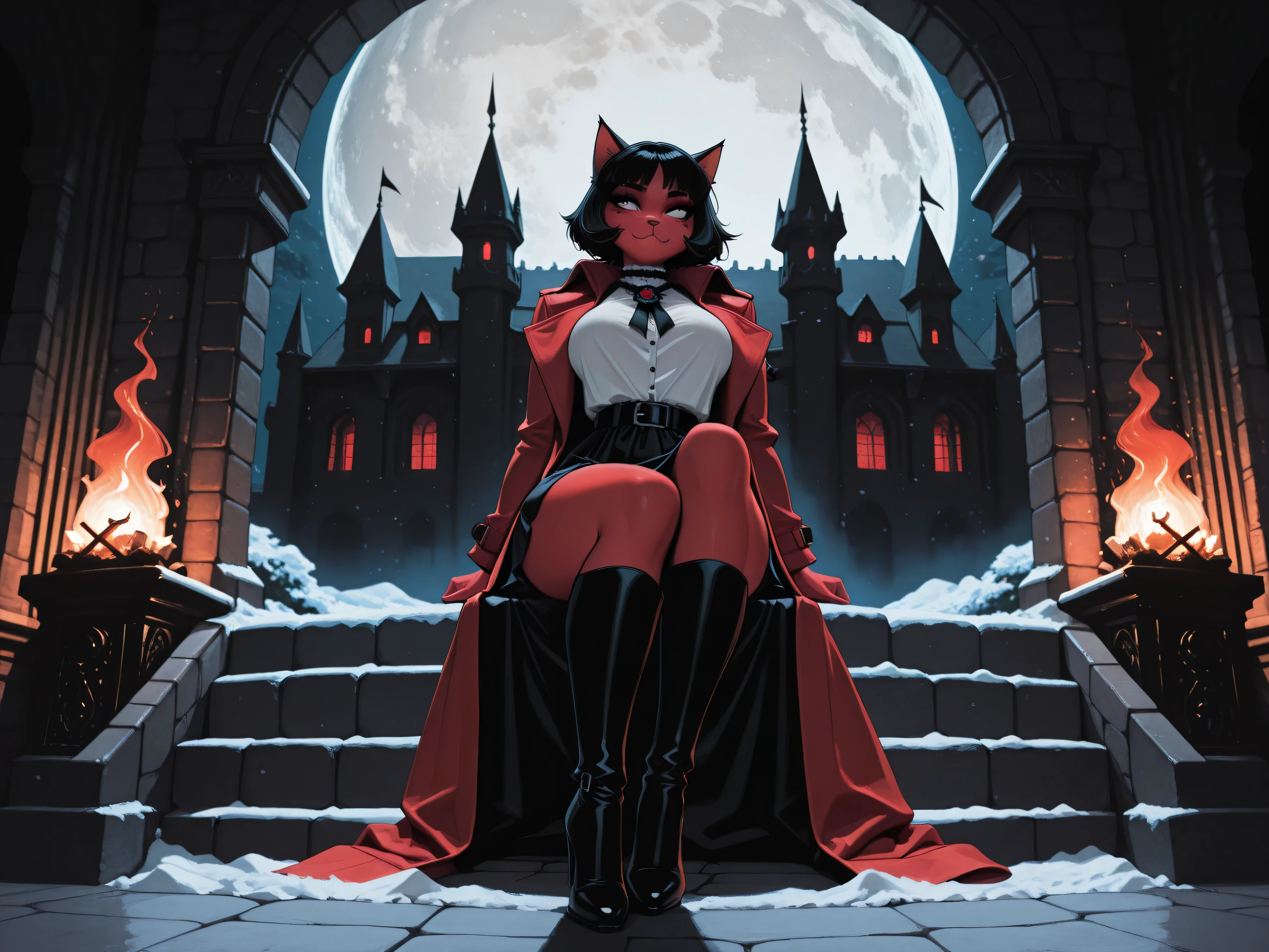 aidmaMJ6.1,masterpiece, best quality, very aesthetic, absurdres,x3rno1a,  black and white 19th century photograph style, of anthro cat female devil in the night sitting near the fireplace in snowy night , a goth beauty, exquisite beautiful female anthro cat female devil, best detailed face, red skin,nred glowing eyes, full body, busty, wearing white bottom shirt, short skirt,  wearing high heeled boots, wearing  red trench coat, flowing trench coat, it is night time, moon light. moon rays, room of goth castle, background, vibrant, Ultra-high resolution, High Contrast, (masterpiece:1.5), highest quality, Best aesthetics), best details, best quality, highres, ultra wide angle, 16k, [ultra detailed], masterpiece, best quality