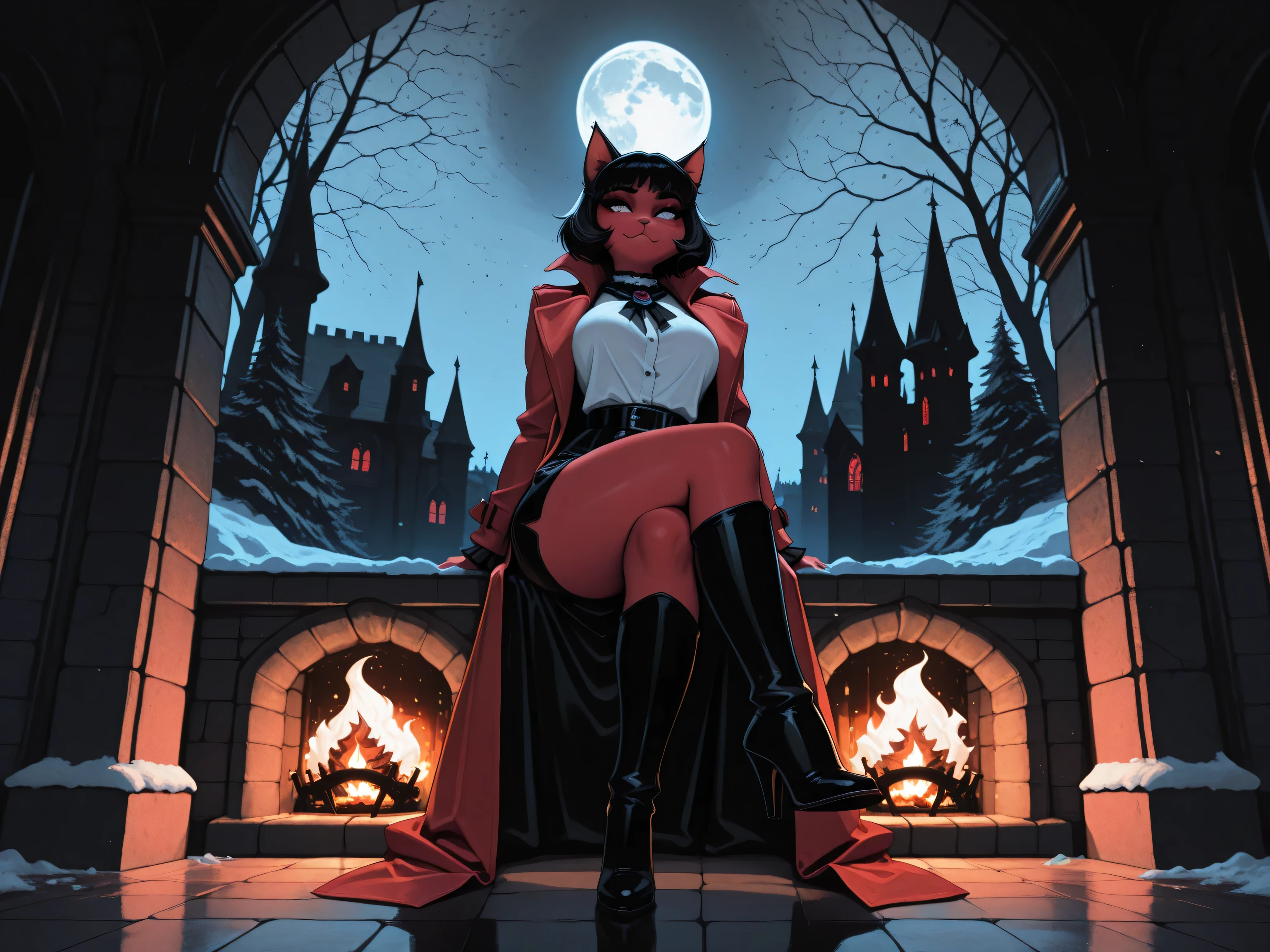 aidmaMJ6.1,masterpiece, best quality, very aesthetic, absurdres,x3rno1a,  black and white 19th century photograph style, of anthro cat female devil in the night sitting near the fireplace in snowy night , a goth beauty, exquisite beautiful female anthro cat female devil, best detailed face, red skin,nred glowing eyes, full body, busty, wearing white bottom shirt, short skirt,  wearing high heeled boots, wearing  red trench coat, flowing trench coat, it is night time, moon light. moon rays, room of goth castle, background, vibrant, Ultra-high resolution, High Contrast, (masterpiece:1.5), highest quality, Best aesthetics), best details, best quality, highres, ultra wide angle, 16k, [ultra detailed], masterpiece, best quality