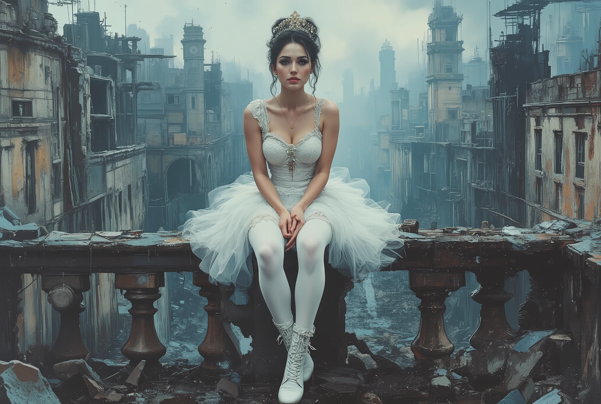 oil painting,The end of World. The digital illustration shows a beautyfull woman. She's wearing a white tutu white pantyhose and white platform boots. She sits on dastroyed balcony with legs down. She has stage makeup and a hairstyle with a small shining crown in her hair. It is wide angle shot from top. The background is a mix of abstract and urban elements, with a cool color palette dominated by shades of blue and gray. The overall style of the game is very detailed and dynamic, with an emphasis on strong and confident character behavior. Surreal digital graphics.