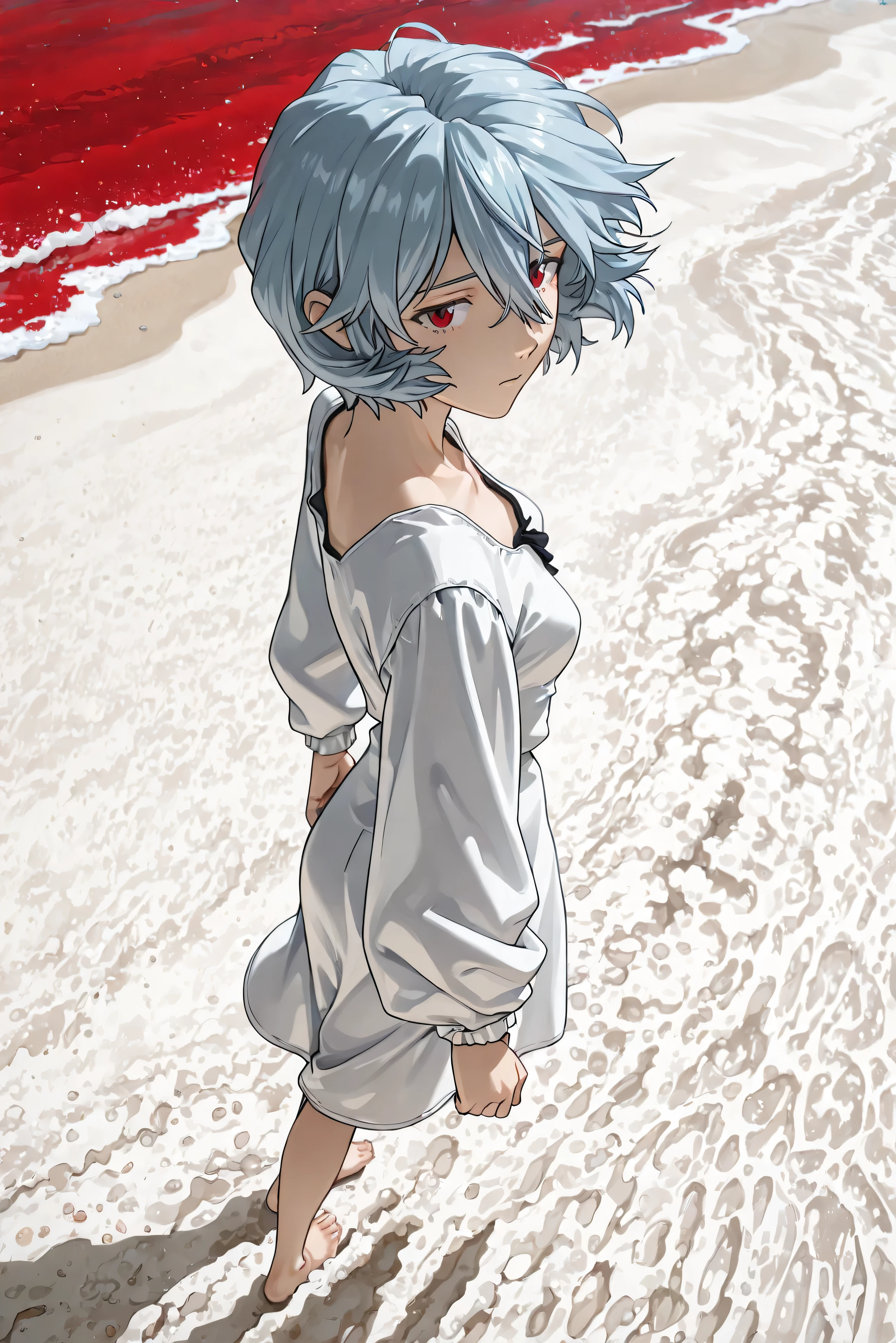 reb4,((masterpiece)), ((ultra-detailed)), ((best quality)), blue sky, (red water sea), (red water), (white sand beach), rei ayanami, 1girl, light blue hair, red eyes, white dress, long sleeves, baggy sleeves, evangelion, rebuild of evangelion, (anime screencap), medium breasts, short hair, (shadowing), (lighting), small hips, hair between eyes, (highlight), (bloom), standing, bare feets, walking, (side-view), wind, lensflare, (posing), (top-view), perspective