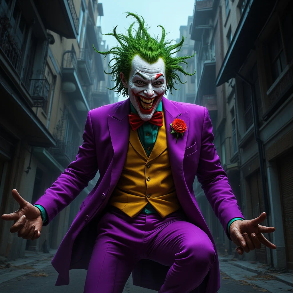 {
  "prompt": "A faithful female version of the iconic Joker from DC Comics, reimagined with a  yet psychotic allure, striking a dramatic pose at a famous tourist spot in Dubai. She has pale white skin and wild, vibrant green hair styled in messy, chaotic curls. Her makeup is heavy and smeared, inspired by Heath Ledger’s Joker, with dark, hollow eyes surrounded by smudged black makeup and a blood-red, twisted smile that extends unevenly beyond the corners of her mouth, creating a chilling yet irresistible grin. She wears a tailored purple suit jacket with a green vest and matching tie, left open to reveal her toned, alluring physique, paired with a revealing purple bikini bottom. She stands confidently in front of the Burj Khalifa, the tallest building in the world, which towers majestically in the background. The modern, sleek architecture of the skyscraper contrasts with her chaotic appearance. Her pose is bold and provocative, with one hand resting on her hip and the other playfully adjusting her hair, as she gazes into the camera with a look that blends madness and allure. The scene combines Dubai’s futuristic skyline with her unsettling presence, creating a striking and unforgettable image.",
  "size": "1024x1792"
}
