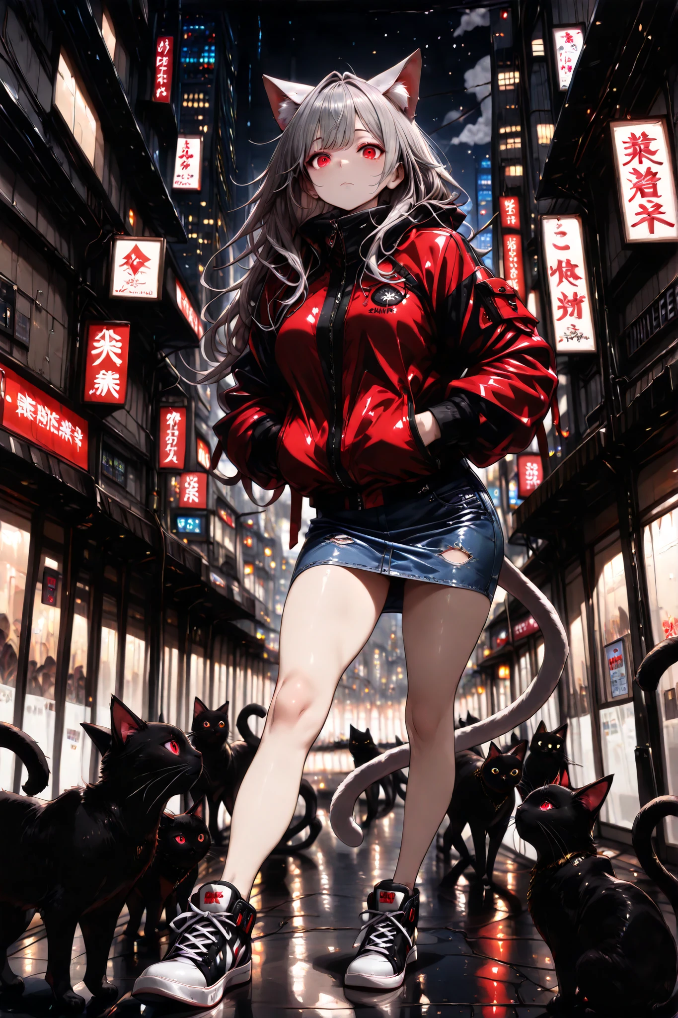 (masterpiece, High Resolution, 8k, very detailed, top quality), night, 深night, high contrast, Big city with lots of buildings, Valley of an empty building. Mysterious Woman, solo, long gray hair, cat ears, is bundling her hair, Beautiful character design, perfect contrast, anatomically accurate, pretty face, beautiful and detailed eye depiction, very elaborate and beautiful, expressive eyes, (red eyes, Shine:1.4), No expression, (brightly colored jacket), put your hands in a jacket pocket, denim skirt, cat tail, Sneakers, walk. Many cats at her feet, 一緒にwalk. (Fog can creep into the surrounding area, Strange Atmosphere, Eerie Atmosphere)