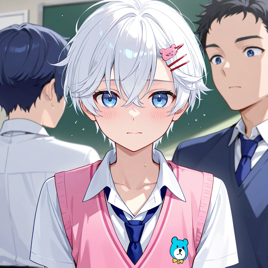 (muste piece), (best quality), very detailed, (((Two friendly high school boys:1.5))), perfect face, beautiful face, very detailed face，(white haired man:1.3)，(pink haired man:1.3)，School，classroom，student uniform，white uniform, tie，shirt