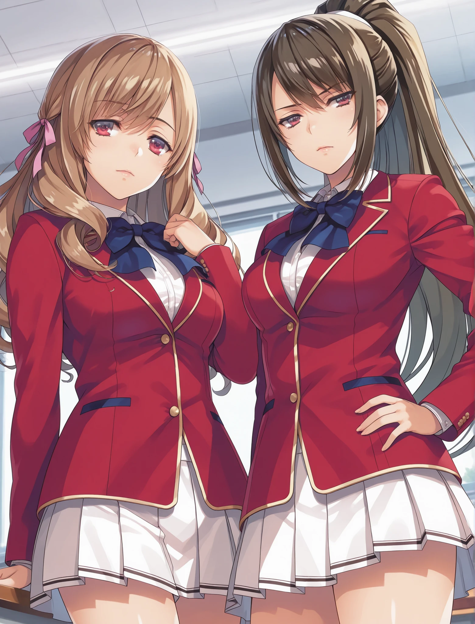 score_9, score_8_up, score_7_up, rating_questionable, , source_anime, digital illustration, official art, 2girls, side by side , school unifrom, red jacket, blue bowtie, white skirt, pleated skirt, hand on  ,glossy lips, classroom, from below ,cowboy shot ,closed mouth,standing,Sae Chabashira, black hair, ponytail hair, red eyes, hair ribbon ,Chie Hoshinomiya brown hair purple eys, wavy hair
