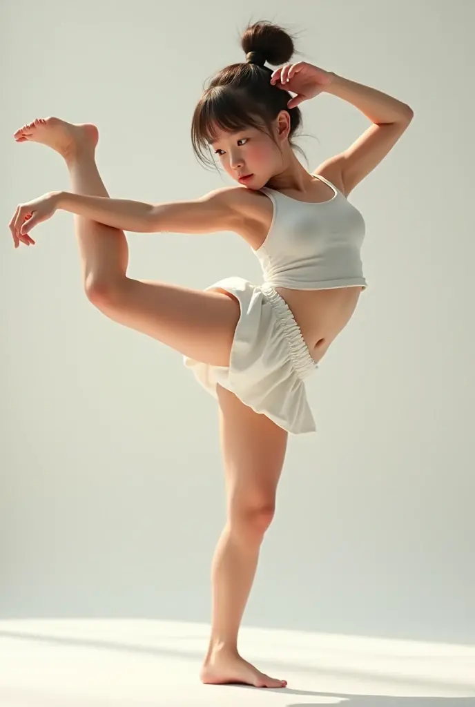 (Photorealsitic)(sixteen years old), Pretty Woman, (Full body 8K portrait), 1 girl in, White Karate Uniform, White karate pants, Large bust,Stand alone, Large and dynamic hand and foot movements, Stick out your fist, Make a high side kick, Correct skeleton, Perfect  detail, (Smile: 1.15), attractive beautiful face, gazing at viewer, a small face, 二重まぶた, Beautiful detailed eyes, long eyeslashes, ligh brown hair, poneyTail, Toned waist, Beautiful thin legs, toned ankles, -legged ,TOKYOcty, the background is green, no 