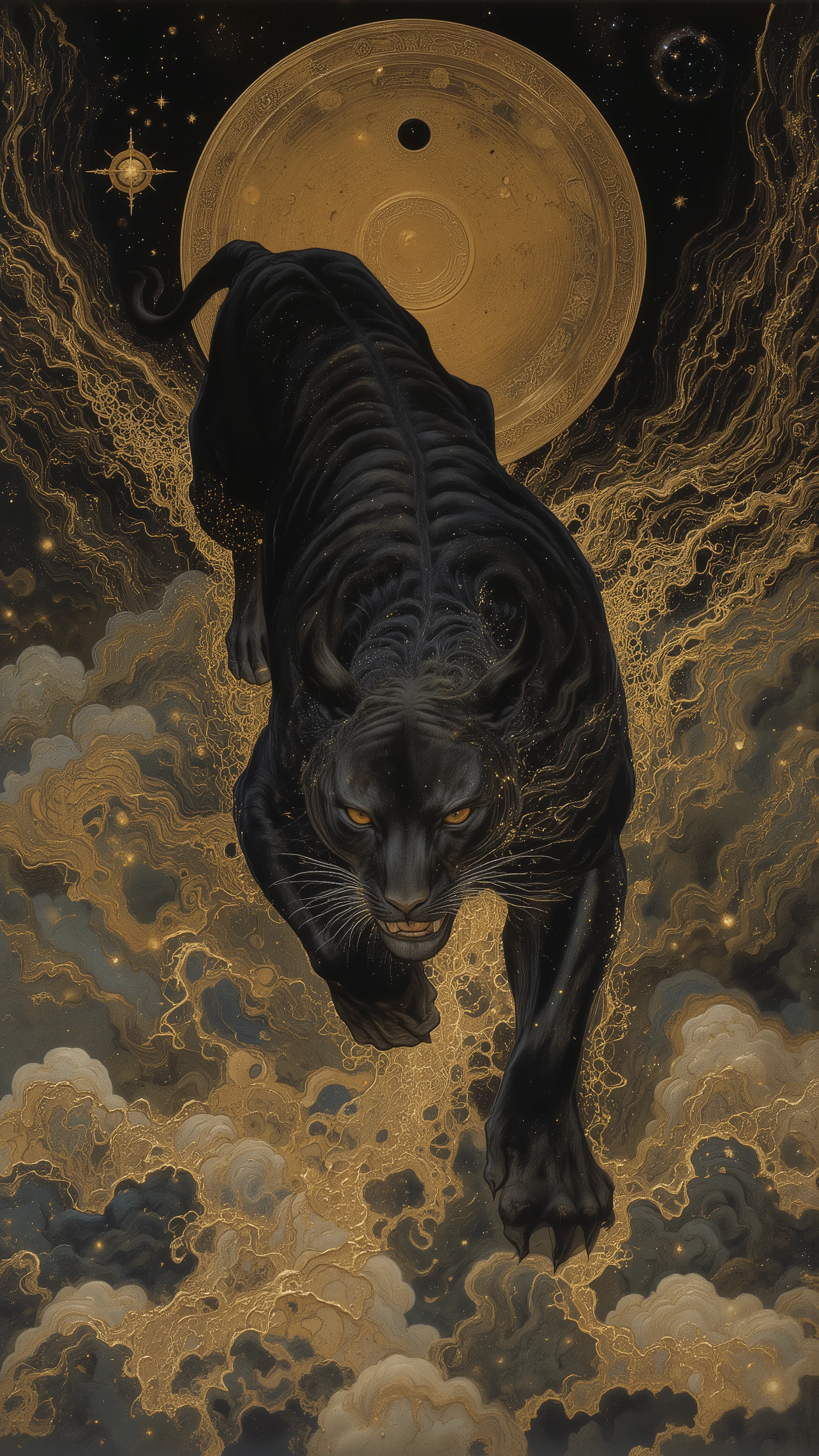 A highly detailed Japanese painting style, delicate yet bold, hyper-realistic depiction of a black tiger yokai racing through the night sky.
A jet-black tiger with luminous golden stripes and a radiant golden third eye, its body stretched in a powerful forward motion.
Wind swirling around its fur, trailing golden sparks, as if tearing through the heavens.
Below the tiger, rolling clouds blur with motion, and behind it, streaks of starlight create a dynamic sense of speed.
A vast cosmic night sky,golden moon, constellations and drifting nebula-like clouds, shimmering gold accents inspired by Tibetan esoteric mandalas.
Ferocious yet beautiful, divine presence, mythic scale.
Ultra-fine Japanese ink textures, gold-leaf brilliance, strong contrast, ceremonial composition, cinematic lighting, extreme detail, masterpiece, flux ultra-sharp, 8k texture, mythic realism, sacred luminosity.
by Gustav Klimt
