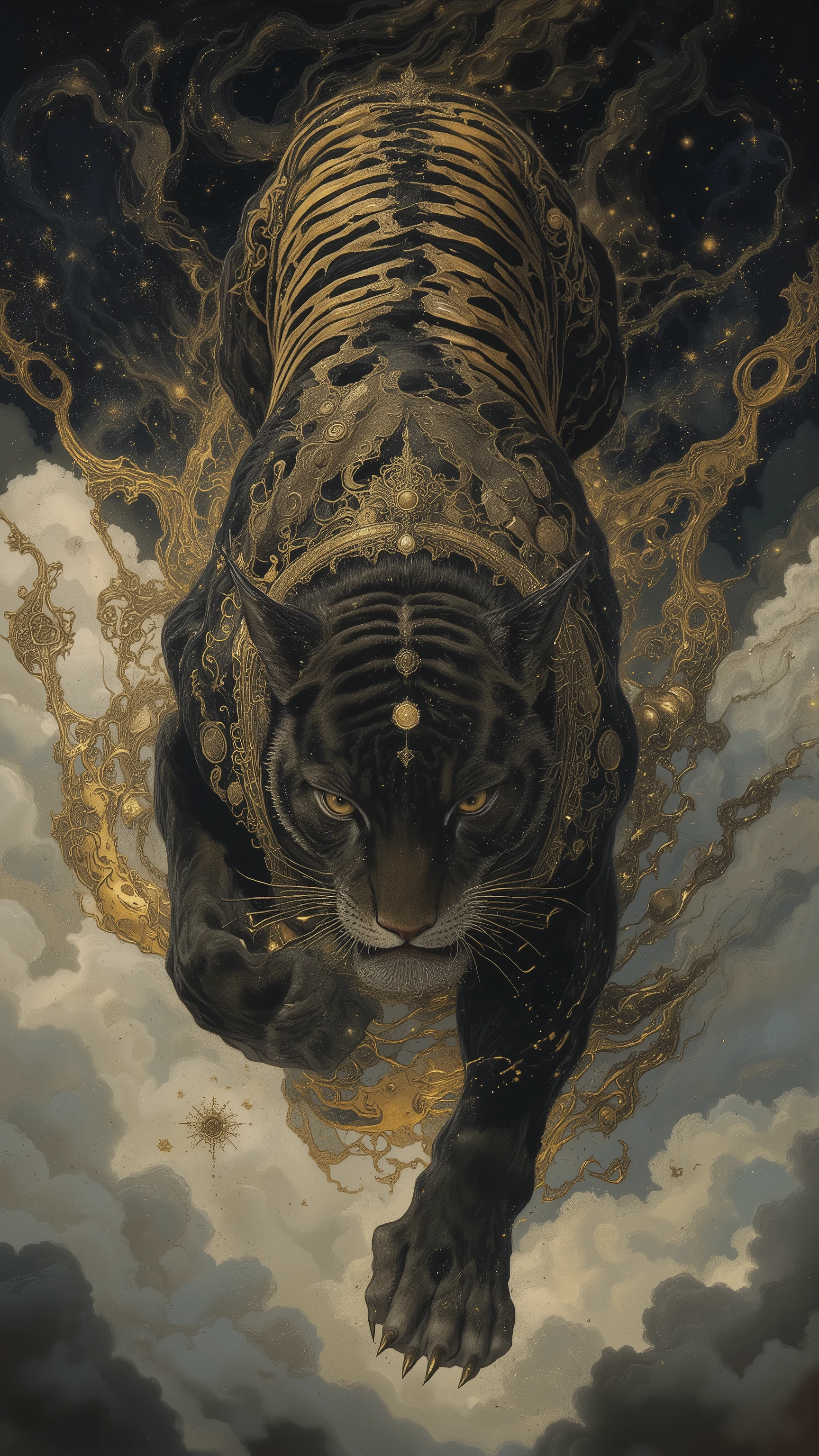 A highly detailed Japanese painting style, delicate yet bold, hyper-realistic depiction of a black tiger yokai racing through the night sky.
A jet-black tiger with luminous golden stripes and a radiant golden third eye, its body stretched in a powerful forward motion.
Wind swirling around its fur, trailing golden sparks, as if tearing through the heavens.
Below the tiger, rolling clouds blur with motion, and behind it, streaks of starlight create a dynamic sense of speed.
A vast cosmic night sky, constellations and drifting nebula-like clouds, shimmering gold accents inspired by Tibetan esoteric mandalas.
Ferocious yet beautiful, divine presence, mythic scale.
Ultra-fine Japanese ink textures, gold-leaf brilliance, strong contrast, ceremonial composition, cinematic lighting, extreme detail, masterpiece, flux ultra-sharp, 8k texture, mythic realism, sacred luminosity.
by Gustav Klimt