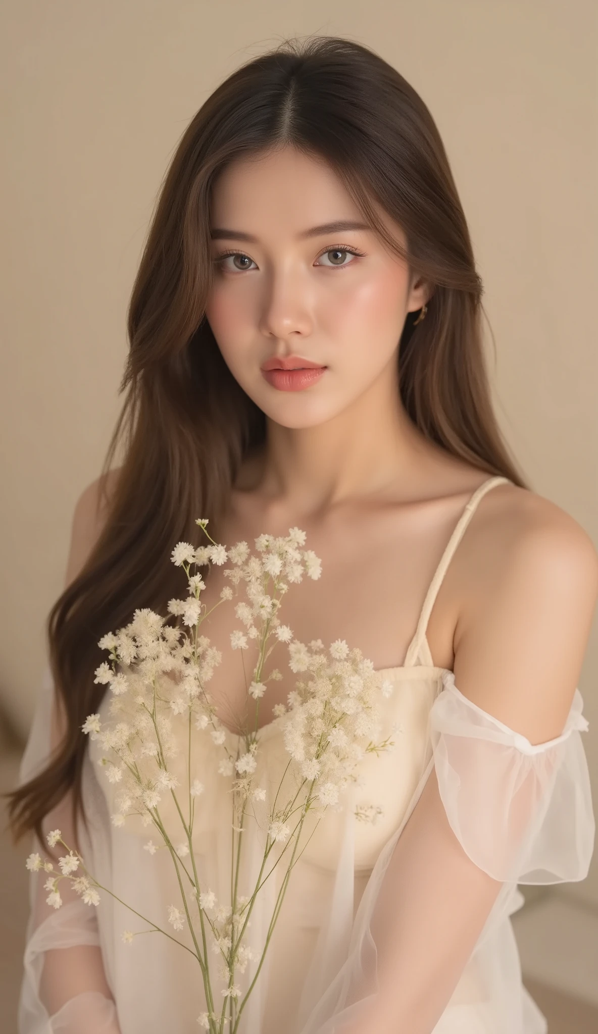 large natural breast,,huge natural breasts,soft breasts,yosshi film,,A serene portrait of a young woman in soft, golden light, her face turned towards the viewer with a gentle, calm expression, her dark hair loosely styled, and her eyes cast slightly off to the side. She wears a flowing, sheer white top, revealing a cream-colored undergarment, her relaxed posture accentuated by a slightly bent neck. Delicate white flowers, intertwined with a few stems, are held against her neck, adding an ethereal touch to the peaceful atmosphere. The plain, pastel-hued background allows the subject and floral details to shine, with soft, diffused lighting that highlights subtle features, evoking a sense of simplicity and elegance.