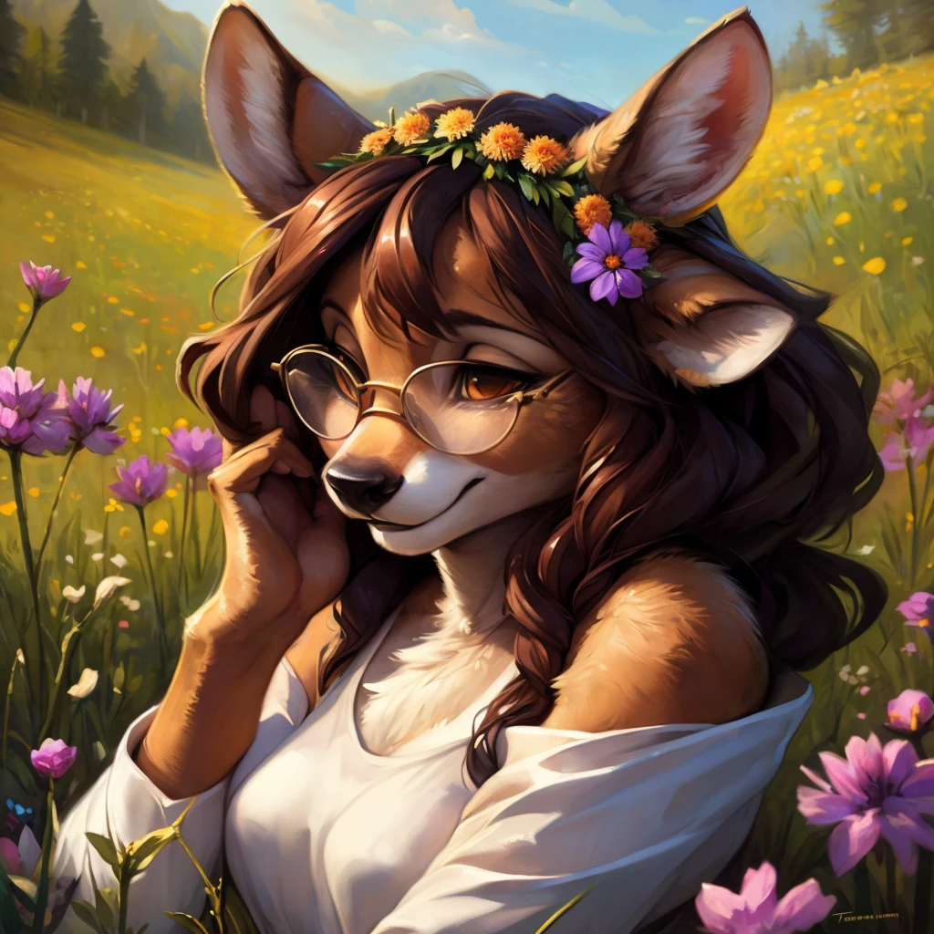 uploaded on e621, watercolor look, by Pixelsketcher, by Bayard Wu, by Thomas Benjamin Kennington , by Einshelm, by hioshiru and kenket, Chunie, portrait, solo anthro female deer doe, with small featureless breasts, clear dark blue, cinematic lighting, day, sunny day, lavender field, stays in a wildflowers field, wildflowers field background, mediterranean background, horizon background, shiny, short curly dark brown hair, wearing big black nerd glasses, very very beautiful furry art, furry art, smiling, joyful, shiny, happy, feminine, cute face, muzzle, fluffy chest, flawless face, Fallow deer, 1girl, Sakimichan is beautiful, Masterpiece, Wavethesallow Face, shiny, Detailed image, portrait, Detailed image, portrait, full body, wearing pure white short spaghetti straps dress, wearing a wildflowers wreath, shiny, realistic face, perfect , hourglass body, (furry body:1.1), anthropomorphic deer, looks at the viewer, small fluffy tail, detailed background, (cute :1.1), stands in a wildflowers field
