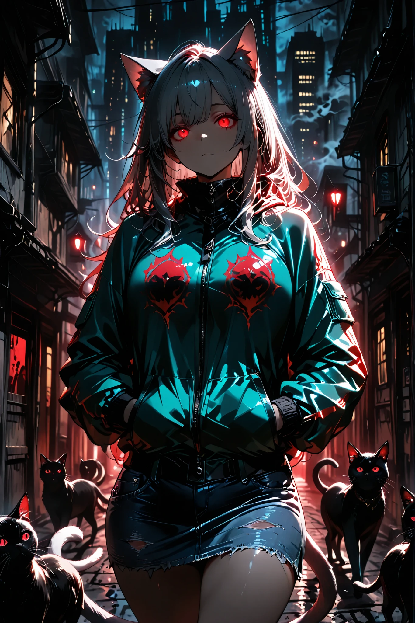 (masterpiece, High Resolution, 8k, very detailed, top quality), night, 深night, high contrast, The city where the lights went out, Valley of an empty building. Mysterious Woman, solo, long gray hair, cat ears, is bundling her hair, Beautiful character design, perfect contrast, anatomically accurate, pretty face, beautiful and detailed eye depiction, very elaborate and beautiful, expressive eyes, (red eyes, Glowing Eyes:1.4, Light Ray), No expression, (brightly colored jacket), put your hand in the jacket pocket, denim skirt, cat tail, Walking cowboy shot. Many cats at her feet, Walk together. (Fog can creep into the surrounding area:1.2, silhouetted buildings in the background, Strange Atmosphere, Eerie Atmosphere)