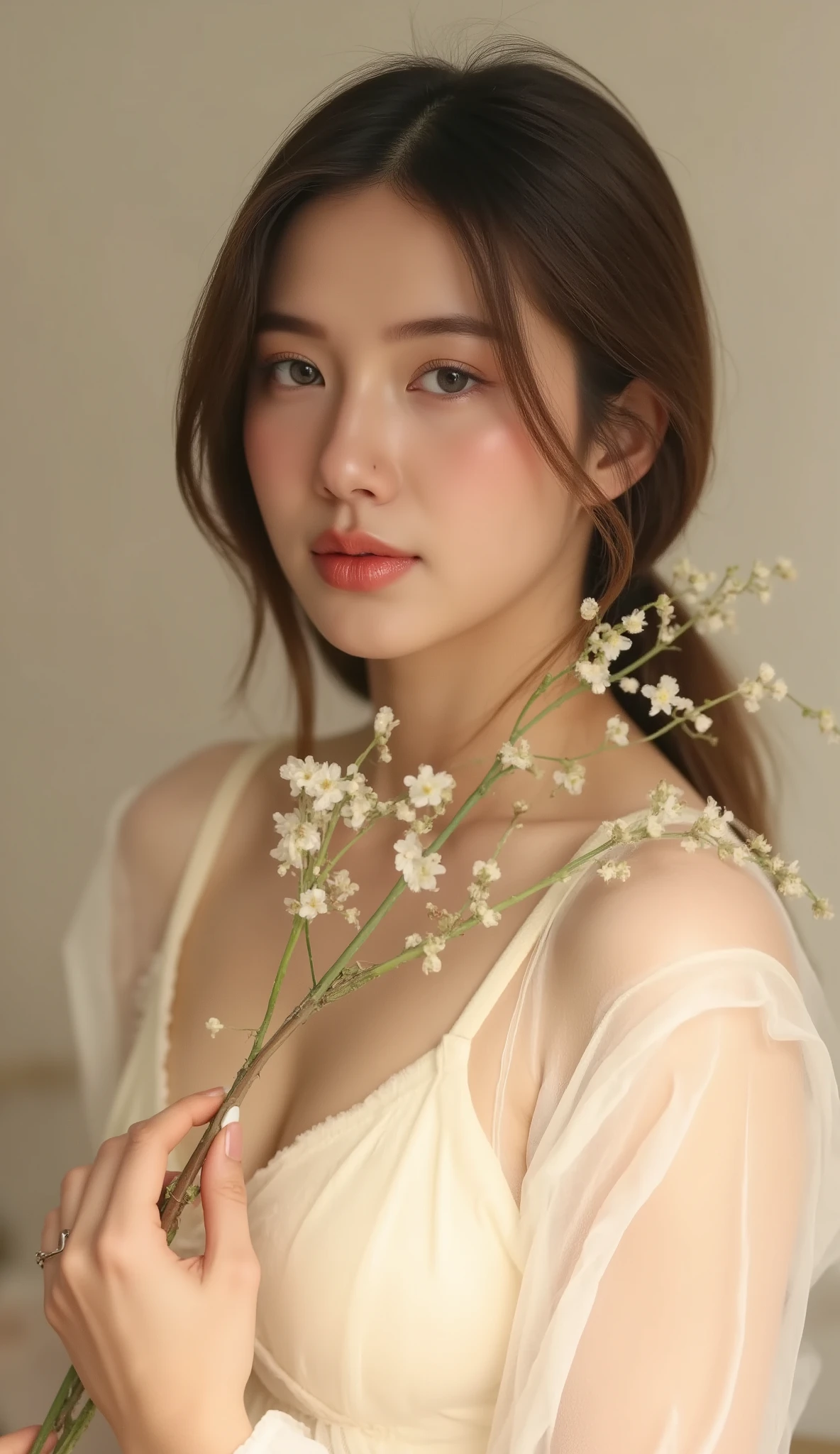 large natural breast,,huge natural breasts,soft breasts,yosshi film,,A serene portrait of a young woman in soft, golden light, her face turned towards the viewer with a gentle, calm expression, her dark hair loosely styled, and her eyes cast slightly off to the side. She wears a flowing, sheer white top, revealing a cream-colored undergarment, her relaxed posture accentuated by a slightly bent neck. Delicate white flowers, intertwined with a few stems, are held against her neck, adding an ethereal touch to the peaceful atmosphere. The plain, pastel-hued background allows the subject and floral details to shine, with soft, diffused lighting that highlights subtle features, evoking a sense of simplicity and elegance.
