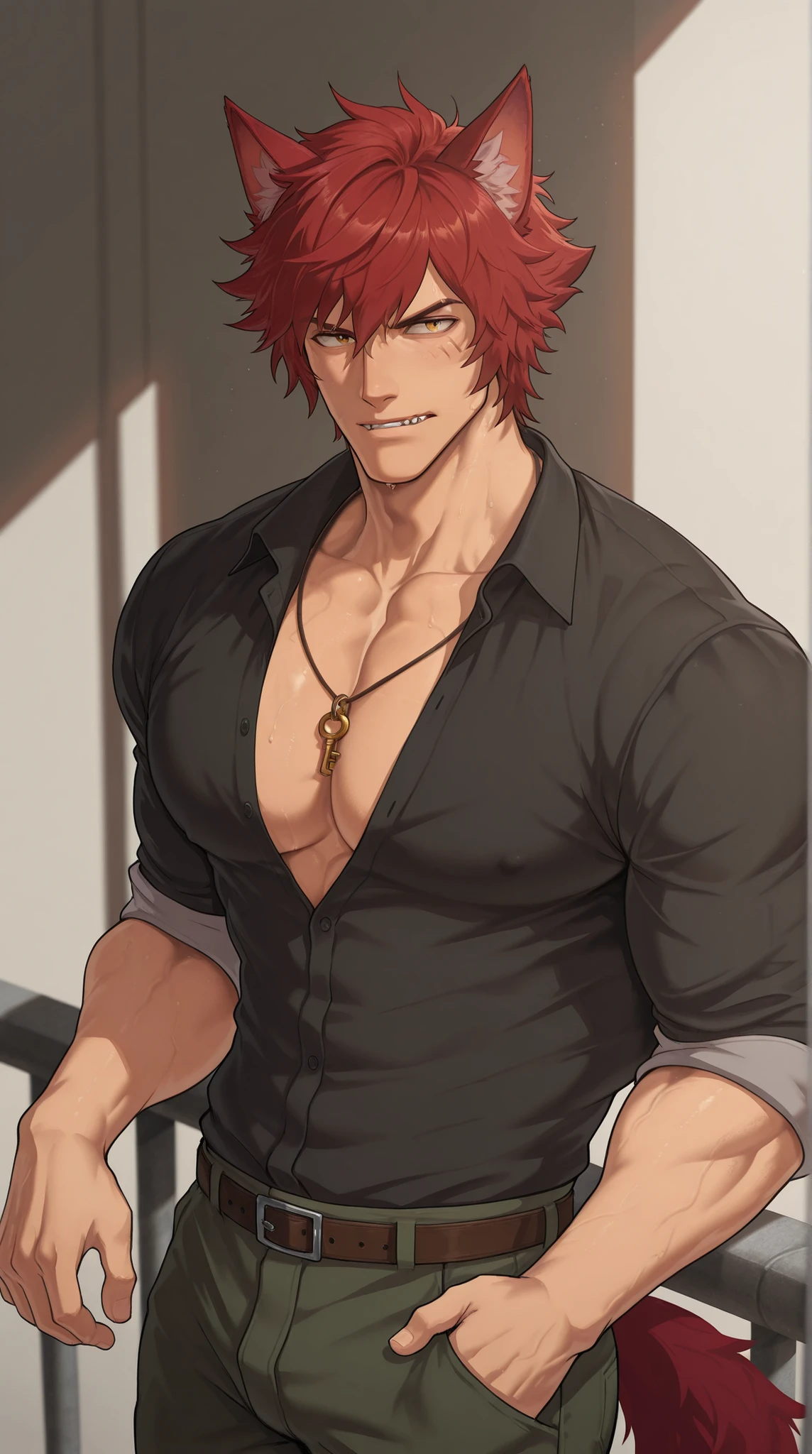 1man, Sett from League of Legends, wolf ears and tail, short messy red hair, sharp masculine jawline, intense and detailed yellow eyes, confident seductive gaze.
Wearing a fitted black shirt that outlines his chest and shoulders, slightly rolled-up sleeves, casual but dominant look.
Pose: standing near a balcony edge, one hand in his pocket and the other resting on the railing, torso slightly turned toward the viewer, relaxed powerful posture.
Background: nighttime city skyline with neon lights, distant traffic glow, soft atmospheric haze; cool rim light from the city outlining his hair and shoulders, warm key light on his face and chest.
Style: anime, cinematic tones, ultra-detailed anatomy and fabric, clean shading, masterpiece, HD.