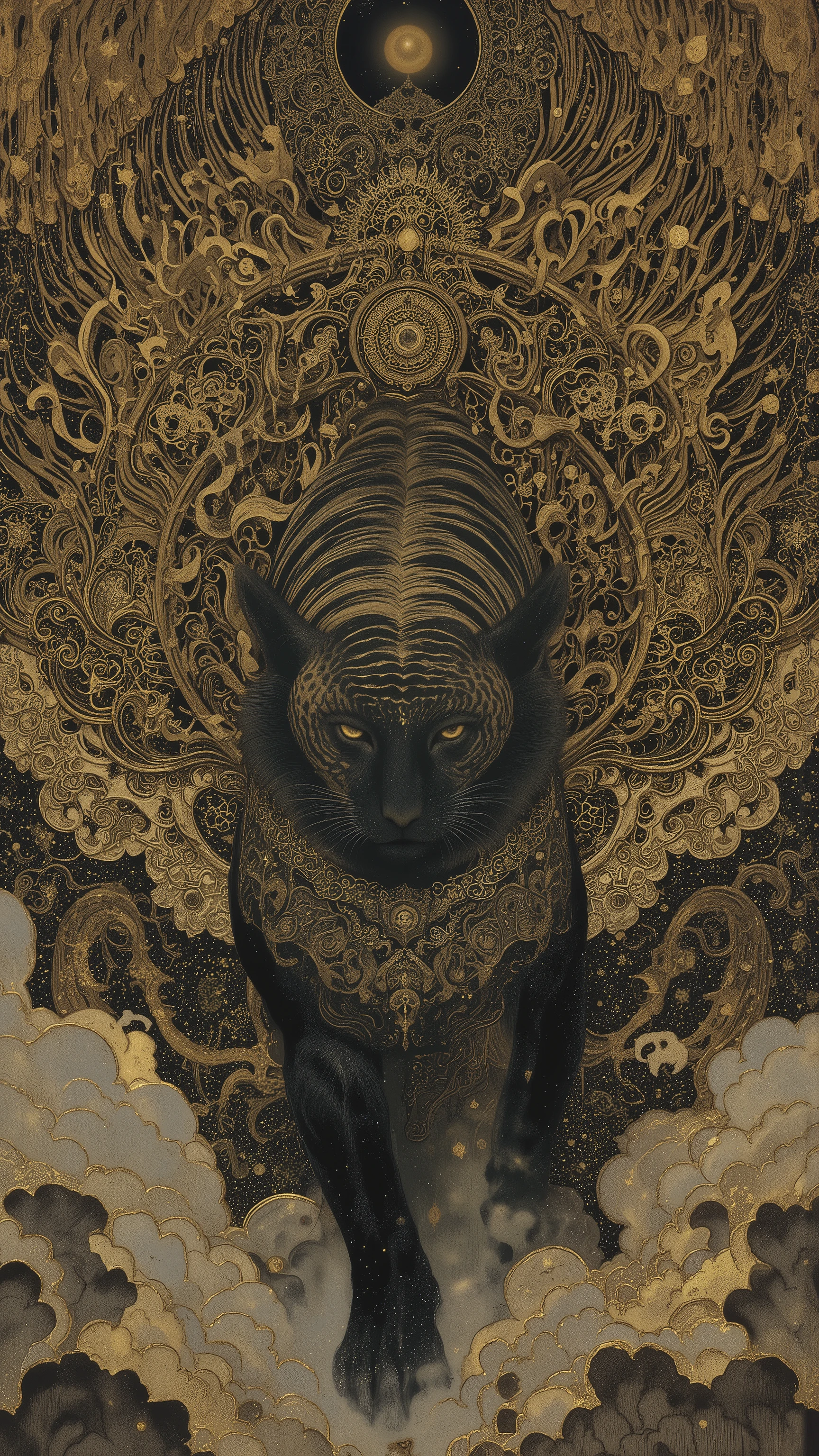 The Japanese painting style, delicate yet bold, realistic depiction,A black tiger with jet-black fur and golden stripes,a tiger with black and gold fur,a black tiger has a third eye on the forehead, gold radiant and black as jet, a Japanese yokai, facing directly forward, poised to pounce on its prey, clouds at its feet as it soars through the night sky,starry background, beautiful yet ferocious,Inspired by the mandalas of Tibetan esoteric Buddhism,　　by Gustav Klimt