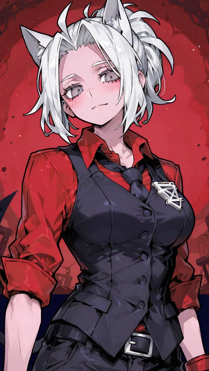 Tomboy construction worker as a Helltaker demoness with chin length hair