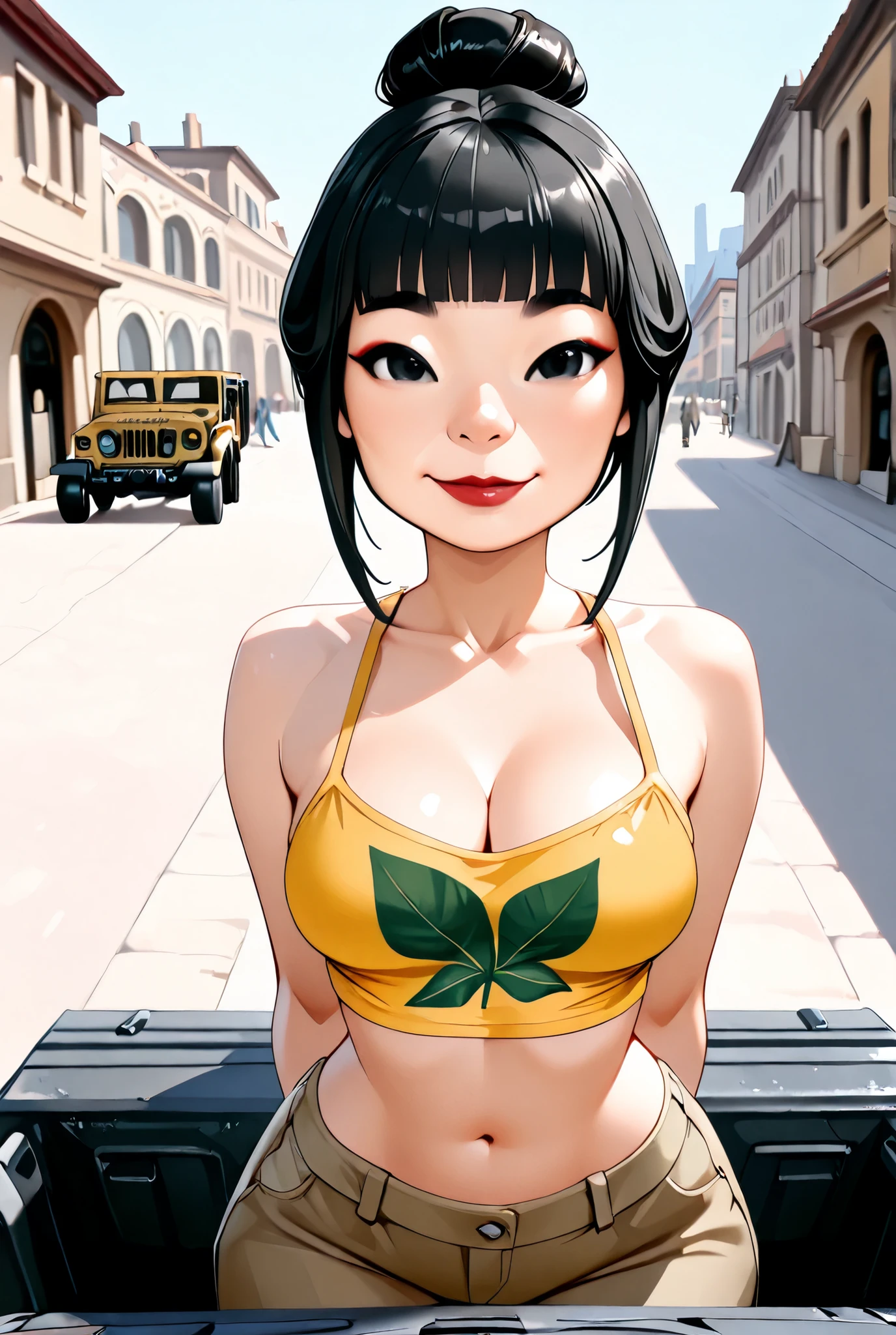 ((Female Asian, Face Asian)), Black Hair, (Hair Bun, Hair Up, Hime Cut Hair), Black Normal Eyebrows, Black Eyes, Nose, Lips, Red Lips, Collarbone, Cleavage, (Jeep Girl Graphic Top Yellow), Navel, (Looking At Viewer, Pov), Arms Behind Back, (The City In Italy, Beautiful Italy), Smile