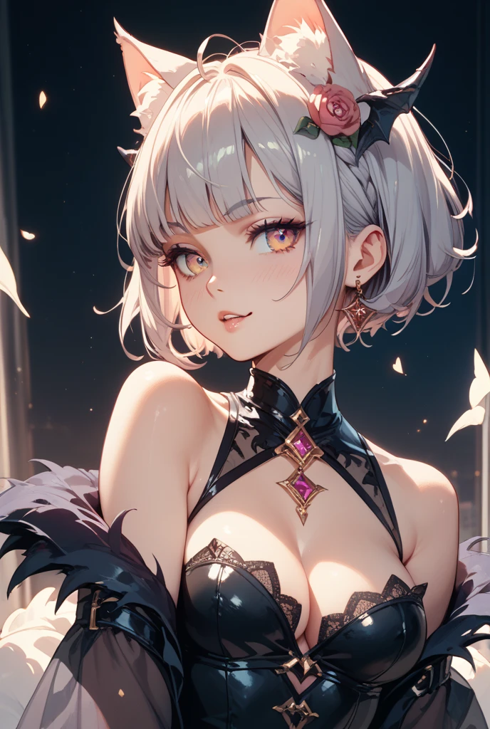 best quality, masterpiece, highres, solo, {kama_fgo:1.15}, red_eyes, bangs, ribbon, hair_ribbon, jewelry, earrings, , white_hair, blush, smile, short_hair, long_hair, small_breasts, grey_hair, large_breasts, 1girl, bare_shoulders, detached_sleeves, dress, looking_at_viewer, purple_dress, closed_mouth, purple_sleeves, white_background, armpits, simple_background, upper_body