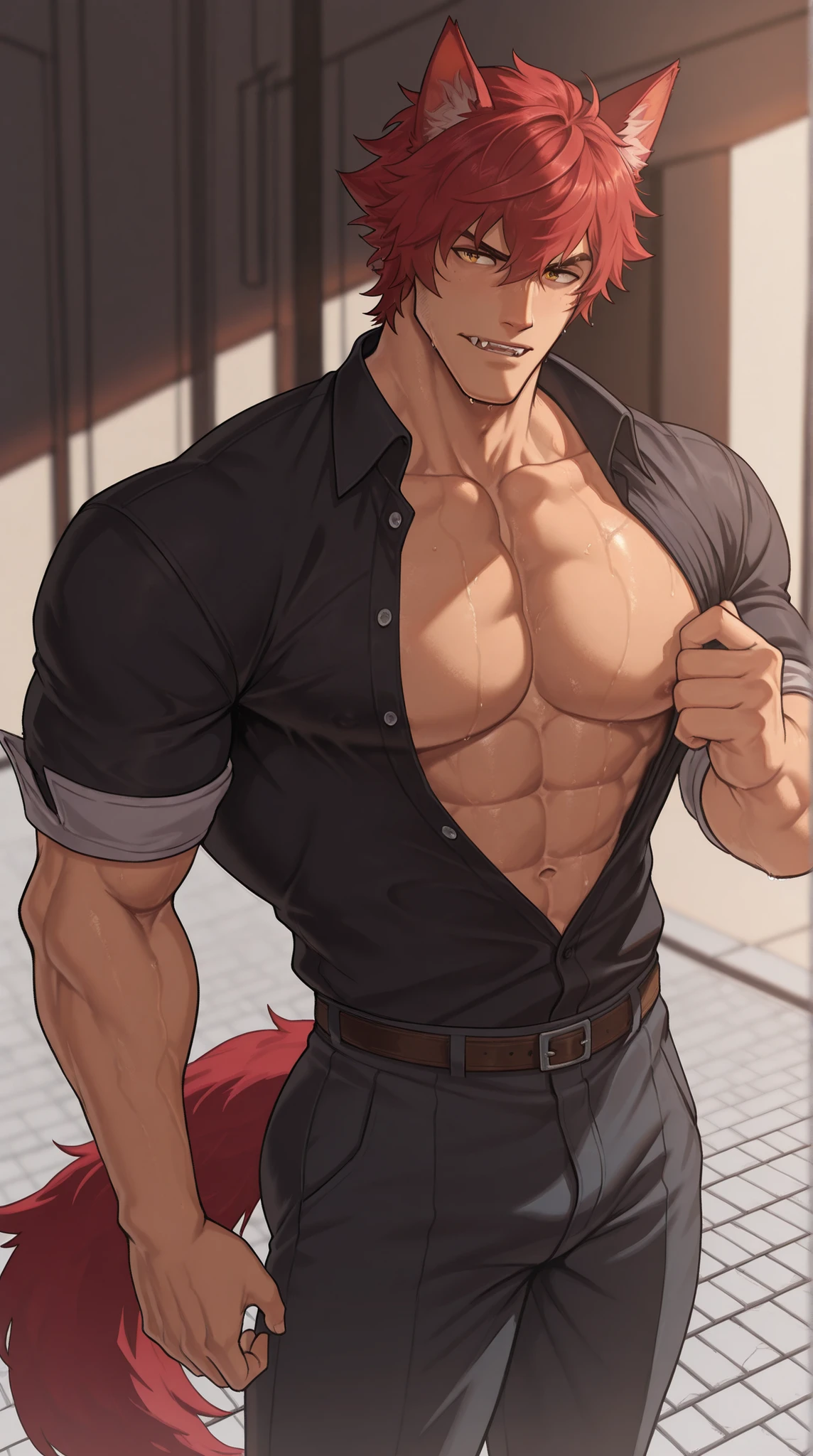1man, Sett from League of Legends, wolf ears and tail, short messy red hair with front bangs, sharp masculine jawline, intense golden eyes, confident seductive gaze.
Wearing a black shirt fully unbuttoned, fabric fluttering slightly as he walks, exposing his chest, abs and defined V-line; sleeves rolled casually; black fitted pants.
Pose: walking toward the viewer along a nighttime city street, shoulders relaxed, hips moving naturally; one hand adjusting the open shirt at his chest as it shifts while he walks, the other loosely by his side. Subtle forward lean giving a powerful, sexy stride.
Angle: medium shot, slight upward angle to emphasize dominance and presence.
Background: neon-lit cityscape, soft reflections on wet pavement, warm ambient light on his torso, cool blue rim light outlining hair, shirt edges and shoulders.
Style: anime, clean shading, ultra-detailed anatomy, cinematic contrast, masterpiece quality, HD..