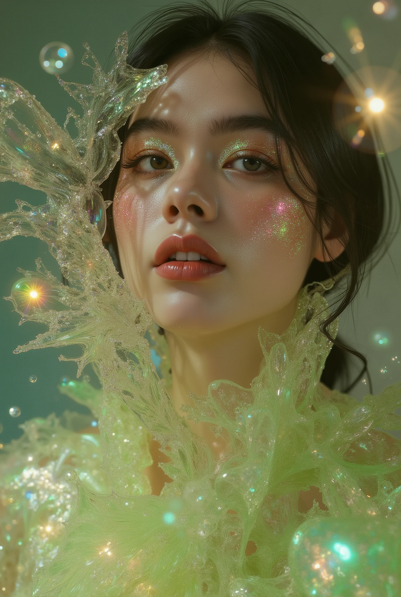 Cyberpunk female Robot rendered as a Fractalized Crystallized Dreamscape, with intricate fractal patterns and crystalline structures. Employ iridescent hues of Chromium and Lime Green to create a dazzling, ethereal scene.