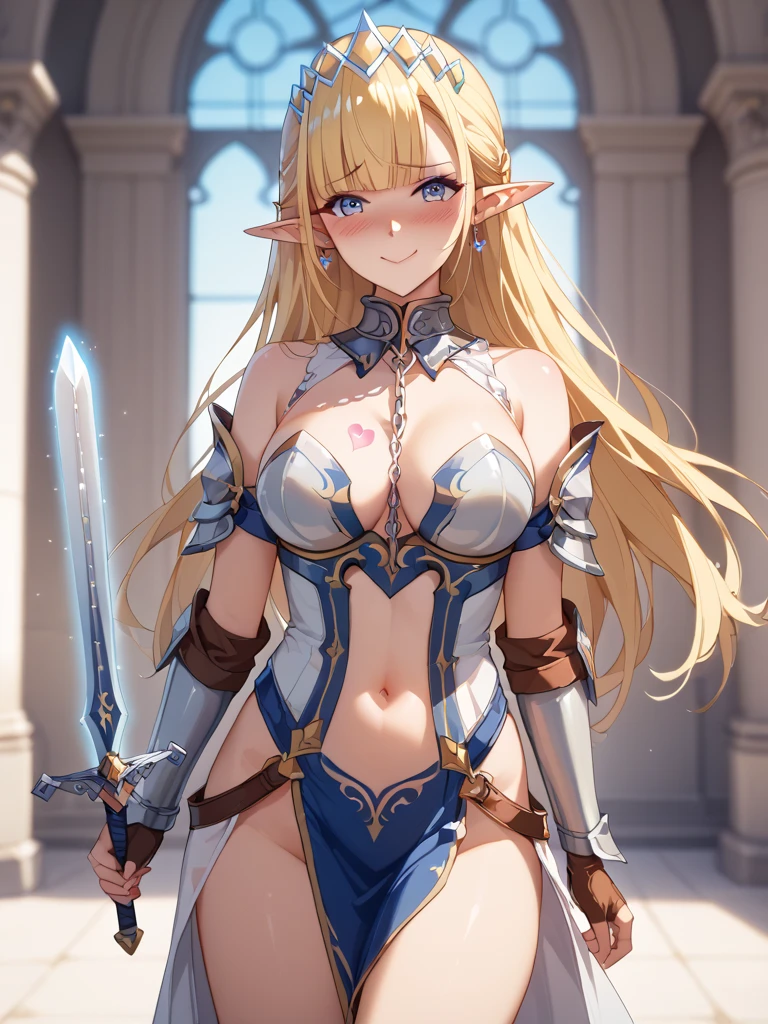 masterpiece、highest quality、very detailed、High resolution、１６ｋ、I can see your ???????、Teetoob proportions、goblinの女の子、Glittering golden armor、extremely transparent skirts、black panties、very white skin、beautiful fingers、Anime girl with very ??????????? posing ?????、perfect style、goblin、??????、blonde blue eyes、cool smile、slim the contours