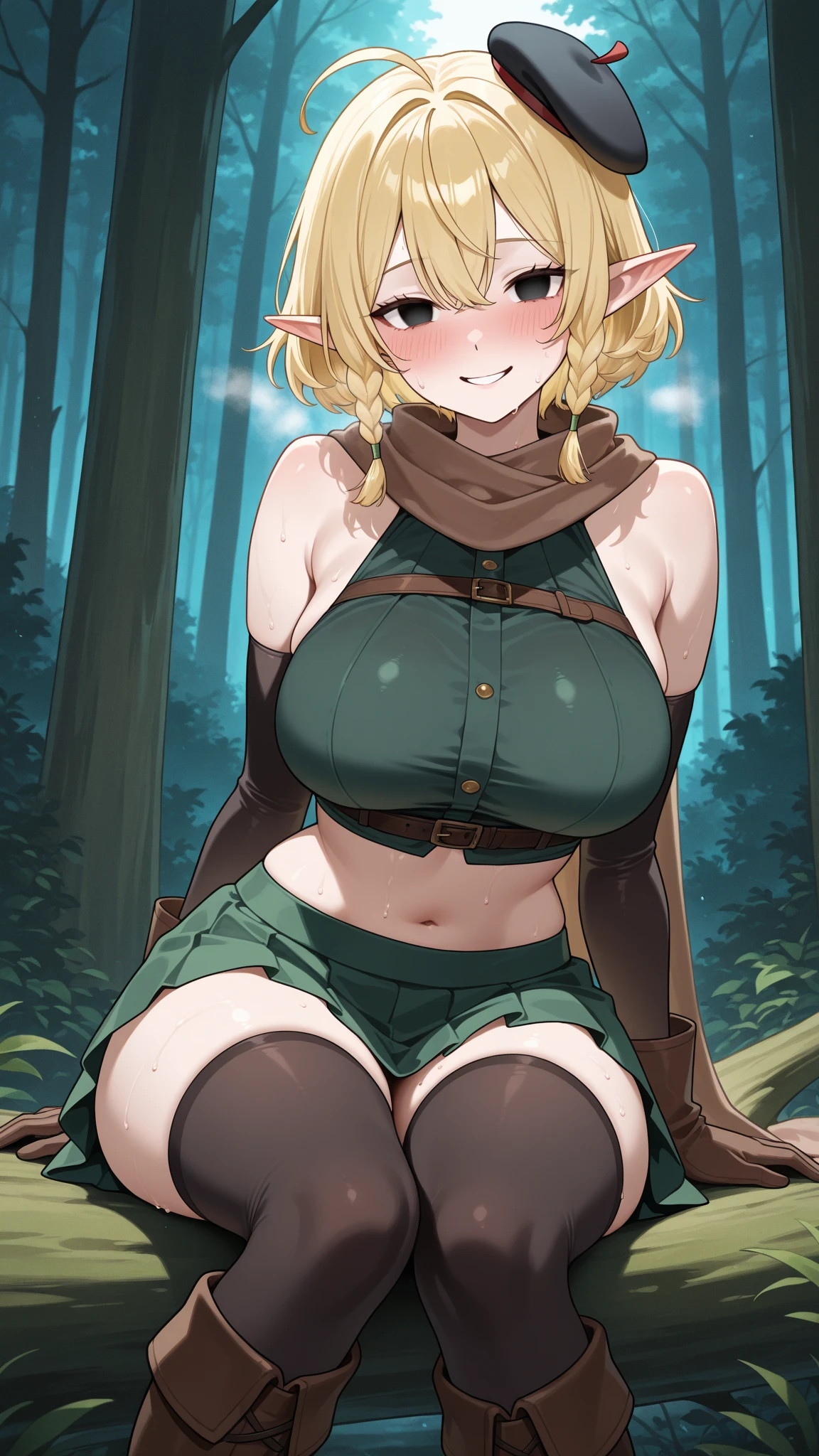 ((1 woman with yellow hair,((??????????????, ???? ???????, ????? ???????)),((brown shorts, no blouse, with boots, belt with a glue)),((brown eyes, happy face)),( (standing, facing the viewer)), in a forest with a view of a haunted city, at night)),