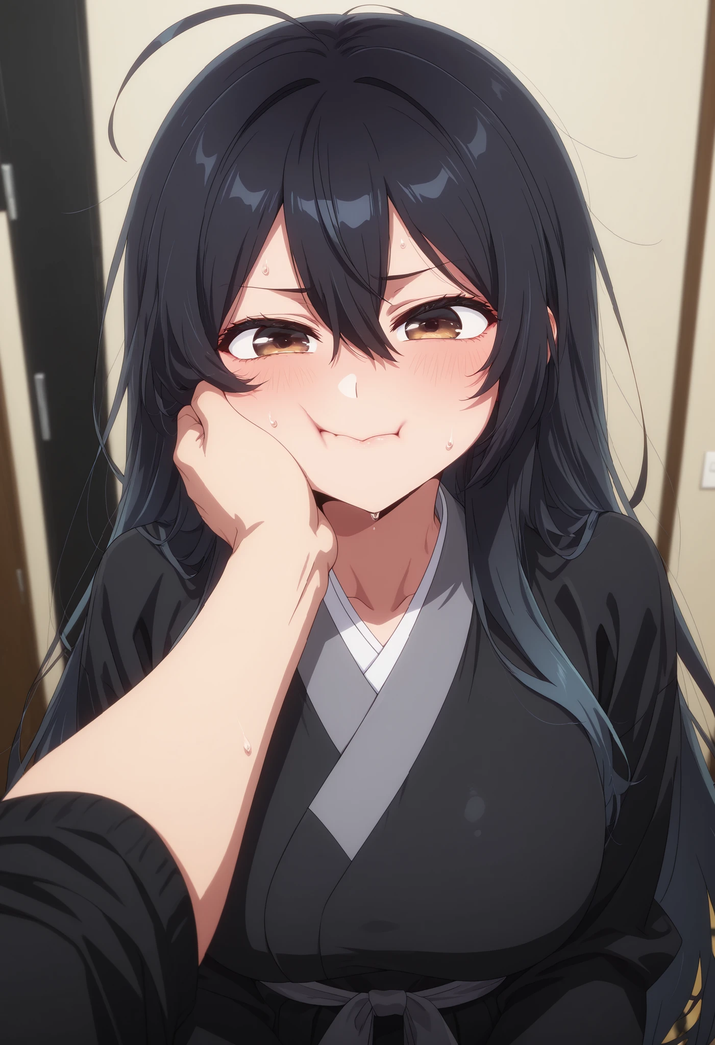 masterpiece, highres, absurdres, amazing quality, best quality, detailed background, 8k, uncensored, anime screencap, anime coloring
1girl, solo, shiny skin, sweat, pov cheek grabbing, pov cheek grabbing (meme), meme, squeezing cheeks, pov hands, cheek squash, face grab, pov,
wiseol-ah, very long hair, black hair, brown eyes, ahoge, hair between eyes, large breasts