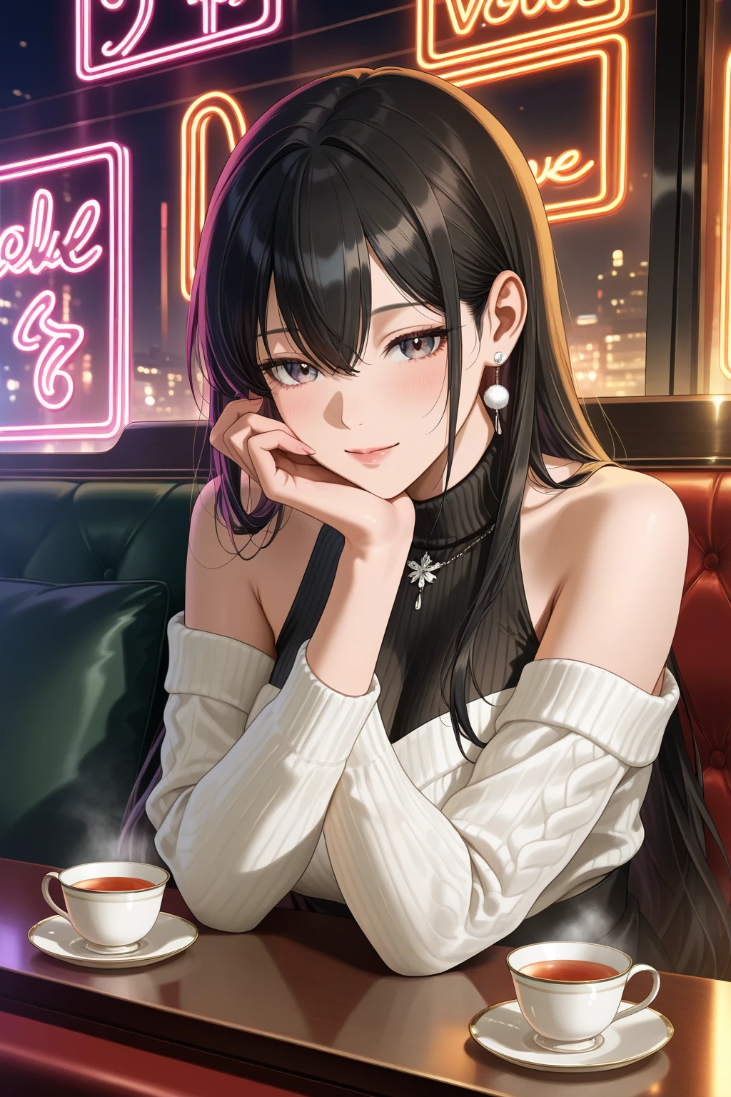 Italian girl with long curly brown hair, elegant dress sitting at a bar eating an ice cream, angular face
