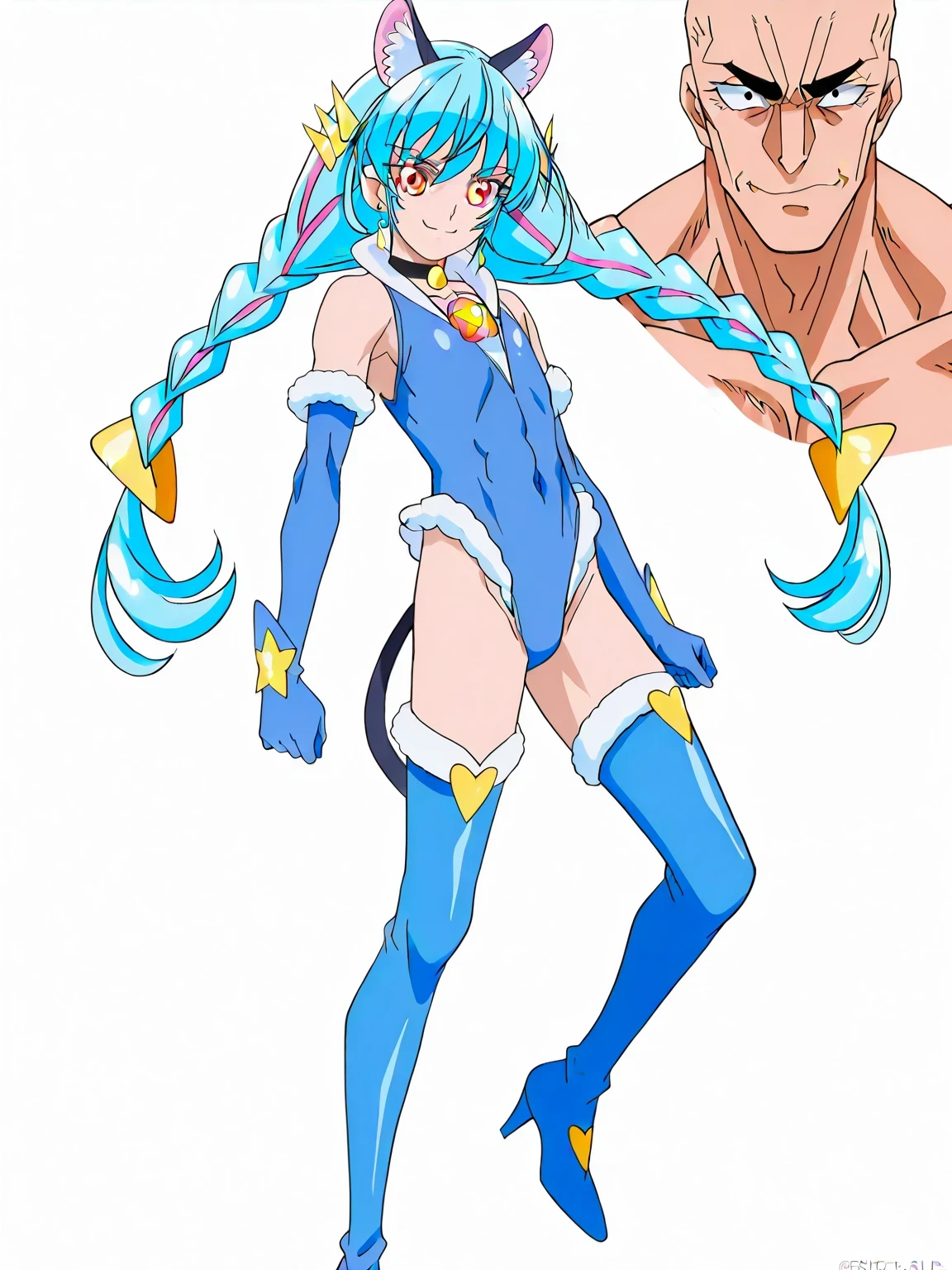 score 9 、score 8 up、score 7 up、source anime、傑作、Best quality、Best resolution、best image quality、anime coloring、anime screencap、anime screenshot、anime colored、official art、official style、1boy、cure cosmo is a male warrior、(male:1.6)、anime man in a blue leotard、solo、light blue hair、twin braids、long sidelocks、twin drills、floating hair、bangs between eyes、short bangs、low twintail hair、blunt bangs、orange eyed boy、(manly face:1.6)、long legs、zodiac boy、magical boy、portrait zodiac boy、official anime art style、official anime artwork、official anime style、blue leotard、heart hair ornament、earrings、cat ears、animal ear fluff、sleeveless leotard、fur collar、blue gloves、bare shoulders、elbow gloves、covered midriff、covered abs、covered navel、 covered stomach、covered pectoralis major、flat chest、covered biceps、covered biceps long head、covered biceps short head、covered triceps、covered triceps medial head、covered triceps lateral head、covered triceps long head、covered trapezius、deltoids、anterior deltoids、middle deltoids、posterior deltoids、covered hamstrings、covered adductor magnus muscles、anime best male、bare crotch、(manly:1.6)、high leg cut、skirtless leotard、muscular and strong、slender muscles、slender body、cat tail、blue thighhigh boots、heels boots、standing、seductive anime boy、anime cool boy、anime  boy、anime androgynous boy、anime nihilistic boy、anime  boy、anime  boy、naughty smile、lewd smile、provocative smile、nihilistic smile、((cure cosmo outfit arranged in a leotard style))、official artwork、!!Full body portrait!!、official art style、 magical boy style、top quality、top image quality、top resolution、anime screencap、perfect body、perfect hands、perfect arms、perfect legs、solo focus、male focus、looking at viewer、cowboy shot、(male body:1.6)、beefcake style、dark blue background、light blue background、gradient background、two tone background、multicolored background、