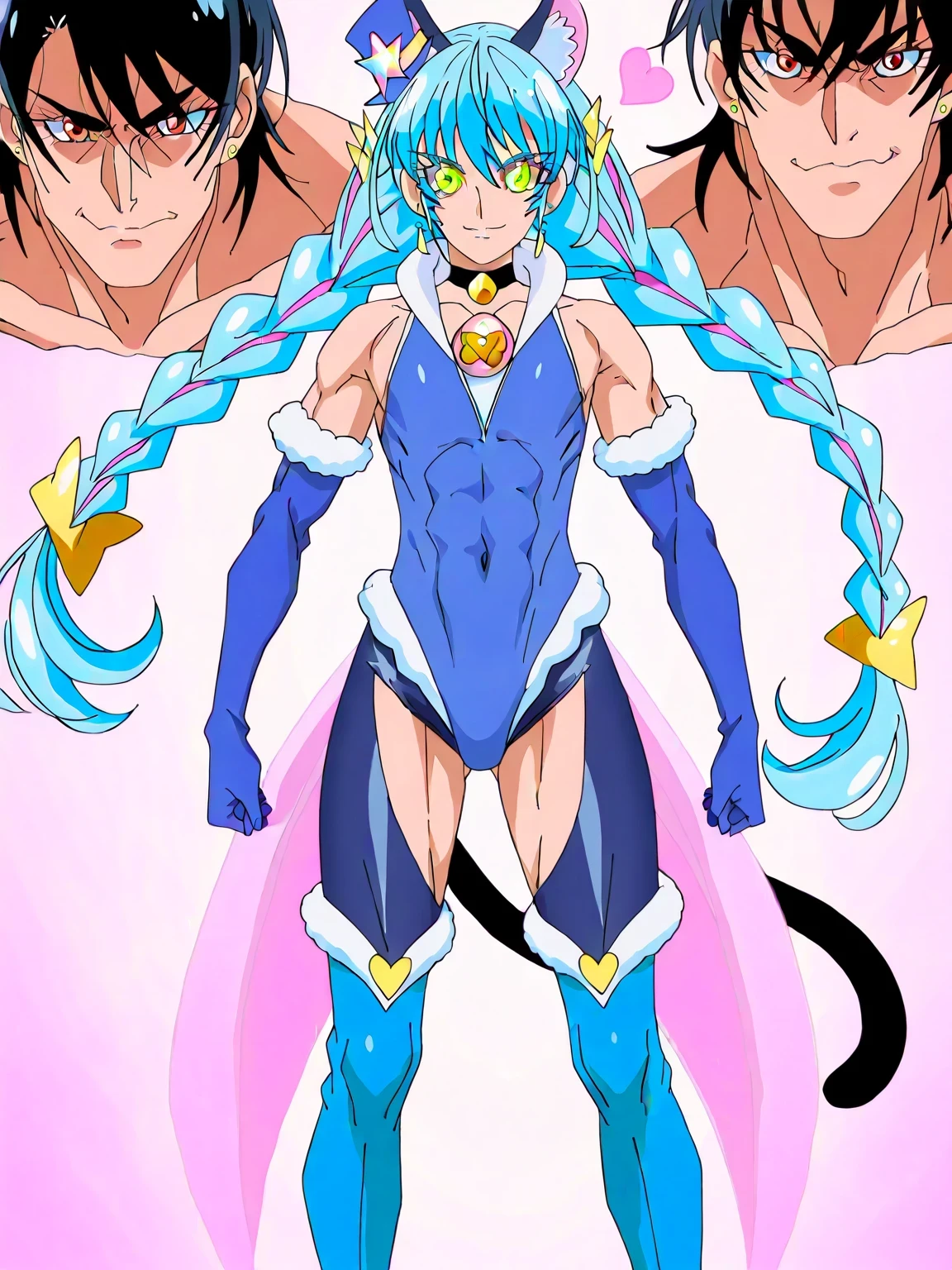 score 9 、score 8 up、score 7 up、source anime、傑作、Best quality、Best resolution、best image quality、anime coloring、anime screencap、anime screenshot、anime colored、official art、official style、1boy、cure cosmo is a male warrior、(male:1.6)、anime man in a blue leotard、solo、light blue hair、twin braids、long sidelocks、twin drills、floating hair、bangs between eyes、short bangs、low twintail hair、blunt bangs、orange eyed boy、(manly face:1.6)、long legs、zodiac boy、magical boy、portrait zodiac boy、official anime art style、official anime artwork、official anime style、blue leotard、heart hair ornament、earrings、cat ears、animal ear fluff、sleeveless leotard、fur collar、blue gloves、bare shoulders、elbow gloves、covered midriff、covered abs、covered navel、 covered stomach、covered pectoralis major、flat chest、covered biceps、covered biceps long head、covered biceps short head、covered triceps、covered triceps medial head、covered triceps lateral head、covered triceps long head、covered trapezius、deltoids、anterior deltoids、middle deltoids、posterior deltoids、covered hamstrings、covered adductor magnus muscles、anime best male、bare crotch、(manly:1.6)、high leg cut、skirtless leotard、muscular and strong、slender muscles、slender body、cat tail、blue thighhigh boots、heels boots、standing、seductive anime boy、anime cool boy、anime  boy、anime androgynous boy、anime nihilistic boy、anime  boy、anime  boy、naughty smile、lewd smile、provocative smile、nihilistic smile、((cure cosmo outfit arranged in a leotard outfit))、official artwork、!!Full body portrait!!、official art style、 magical boy style、top quality、top image quality、top resolution、anime screencap、perfect body、perfect hands、perfect arms、perfect legs、solo focus、male focus、looking at viewer、cowboy shot、(male body:1.6)、beefcake style、dark blue background、light blue background、gradient background、two tone background、multicolored background、