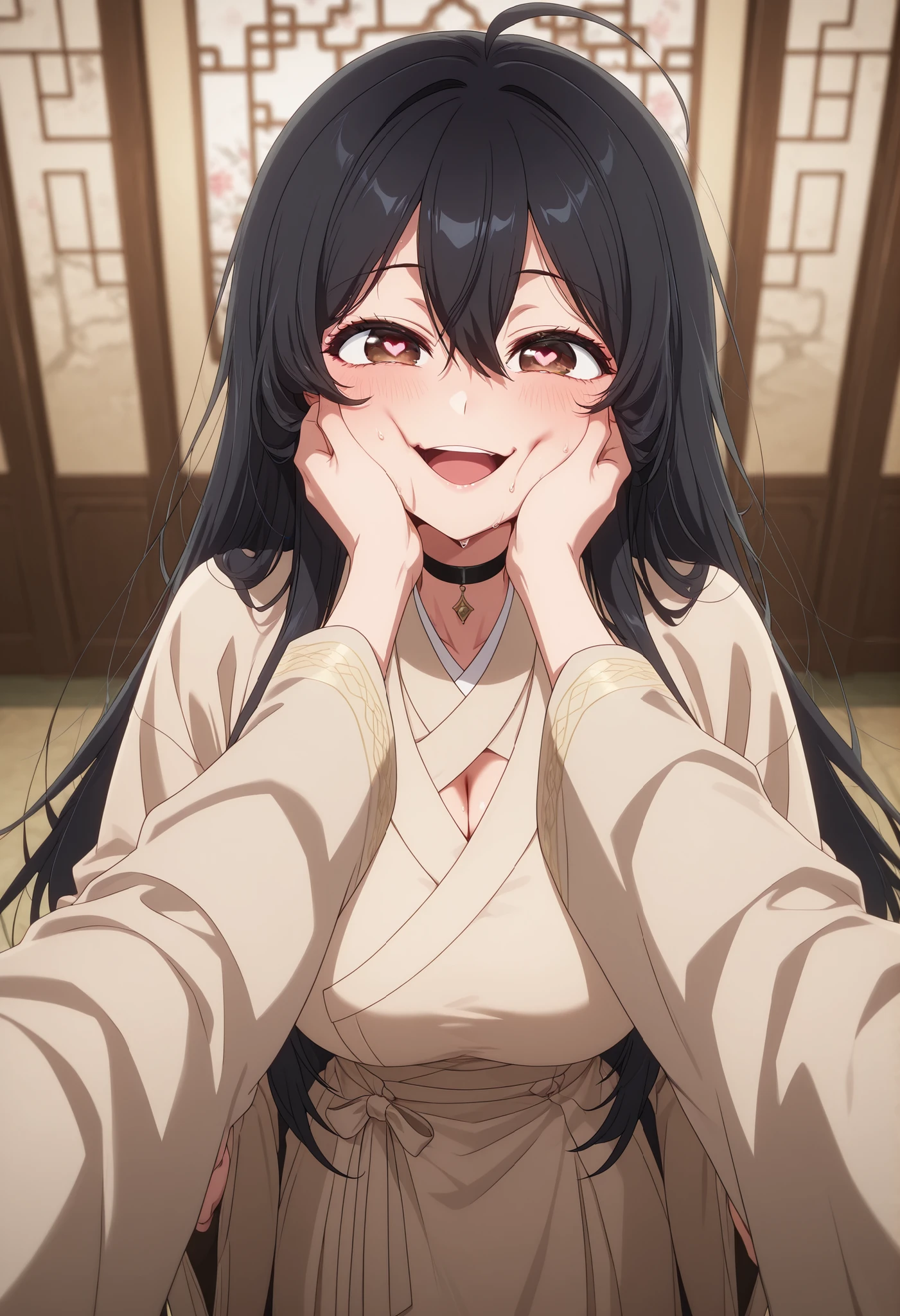 masterpiece, highres, absurdres, amazing quality, best quality, detailed background, 8k, uncensored, anime screencap, anime coloring
1girl, solo, shiny skin, sweat, completely nude, smile, open mouth, pov cheek grabbing, pov cheek grabbing (meme), meme, squeezing cheeks, pov hands, cheek squash, face grab, pov, heart eyes, traditional chinese palace,
beige japanese clothes, robe, beige robe, long sleeves, wide sleeves, skirt, cleavage
wiseol-ah, very long hair, black hair, brown eyes, ahoge, hair between eyes, large breasts, black choker,