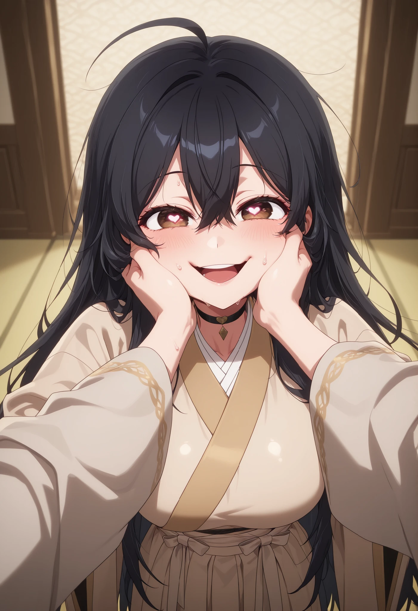 masterpiece, highres, absurdres, amazing quality, best quality, detailed background, 8k, uncensored, anime screencap, anime coloring
1girl, solo, shiny skin, sweat, smile, open mouth, pov cheek grabbing, pov cheek grabbing (meme), meme, squeezing cheeks, pov hands, cheek squash, face grab, pov, heart eyes, traditional chinese palace,
beige japanese clothes, robe, beige robe, long sleeves, wide sleeves, skirt,
wiseol-ah, very long hair, black hair, brown eyes, ahoge, hair between eyes, large breasts, black choker,