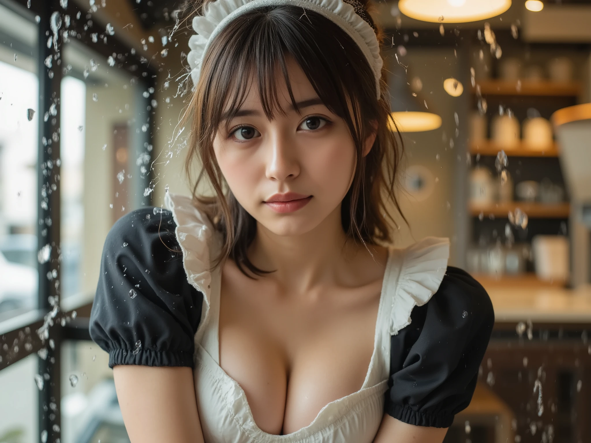 A high-resolution, high-quality, detailed image of a beautiful woman, floor-to-ceiling, with full body coverage. She has a mole and is wearing a maid's uniform with a low neckline, a headband, and crossed arms. There are droplets of water on her chest and splashes all around her. She has tanned skin and is leaning forward, with a close-up of her chest. She has large breasts, full breasts, slightly saggy breasts, soft, slightly flat breasts, and a shy expression. High resolution. The background is a cafe, but it is blurred, leaving the beautiful woman in focus. She is smiling,