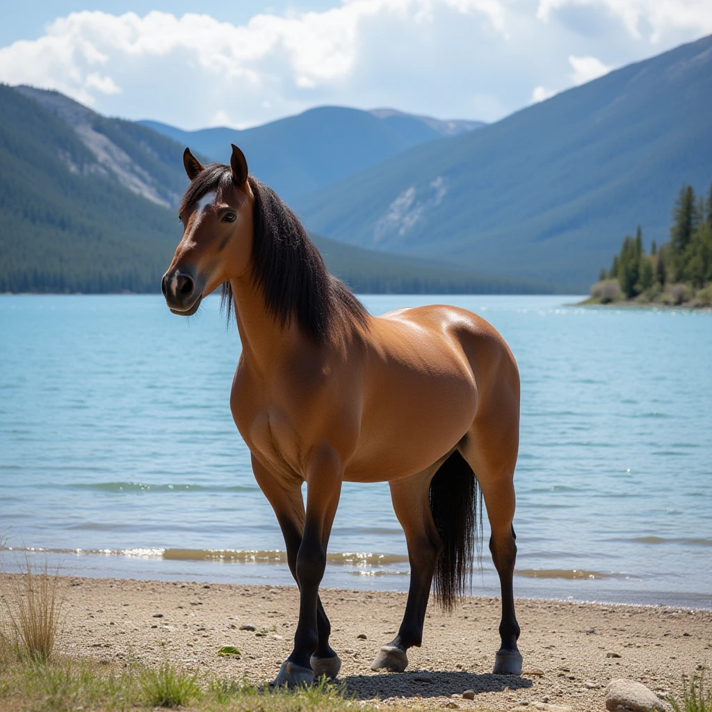 (((sfw))), masterpiece, top quality, best quality, highly detailed, 8k, super high resolution, absurdres, perfect , ((solo)), ((detailed eyes)), ((back view,  focus, legs in water, looking at viewer posing)), ((happy, joyful, smile)), ((all dark brown body)), ((anthro all dark brown horse, black horse tail)), (dark freckles), (adult), blue eyes, (((long black hair))), ((muscular, sweaty, hourglass figure, thick thighs, large , long legs,  midriff)), (((orange white striped bikini, blue bracelets))), ((beach))